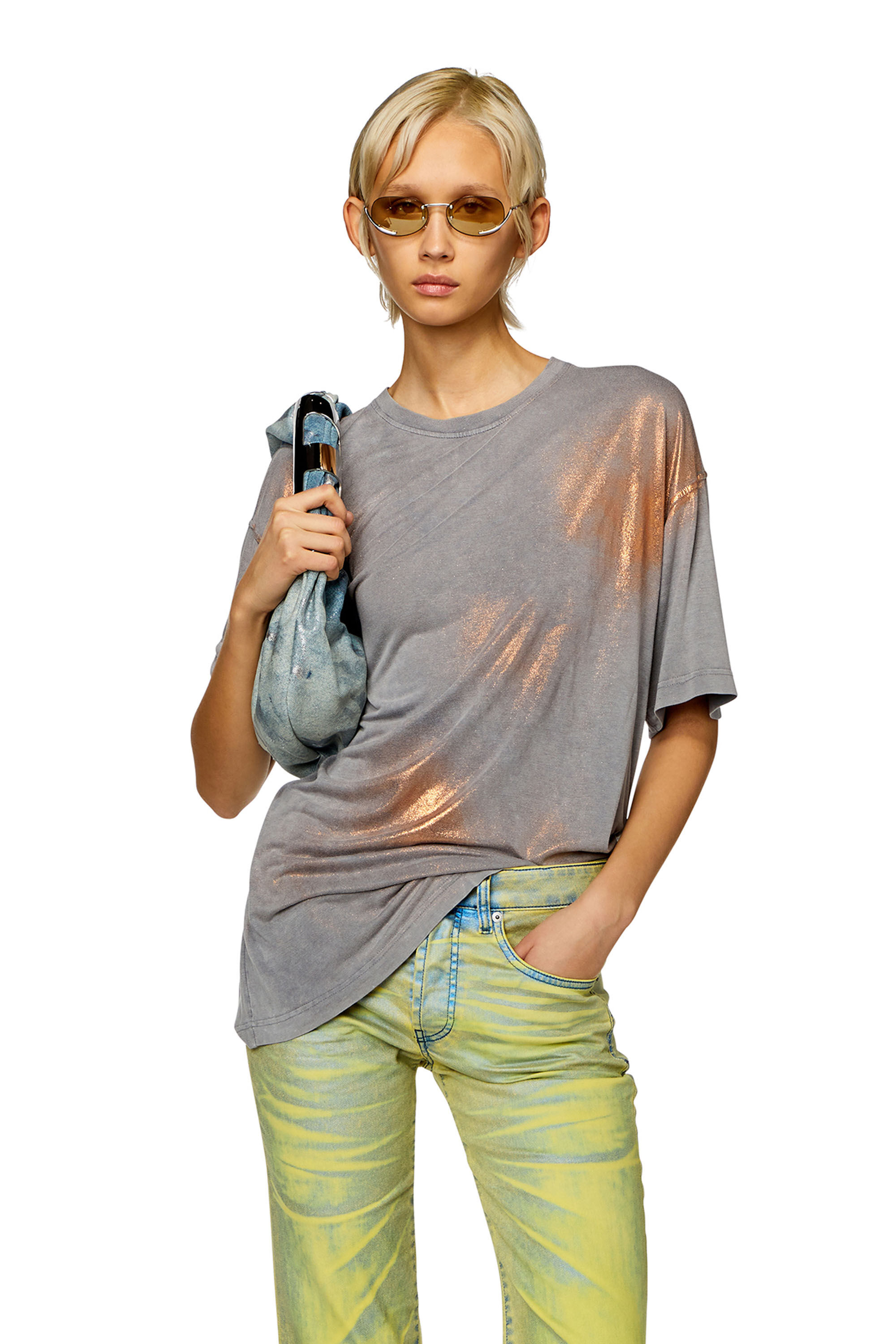 Diesel - T-BUXT, Woman's Faded metallic T-shirt in Grey/Pink - 3