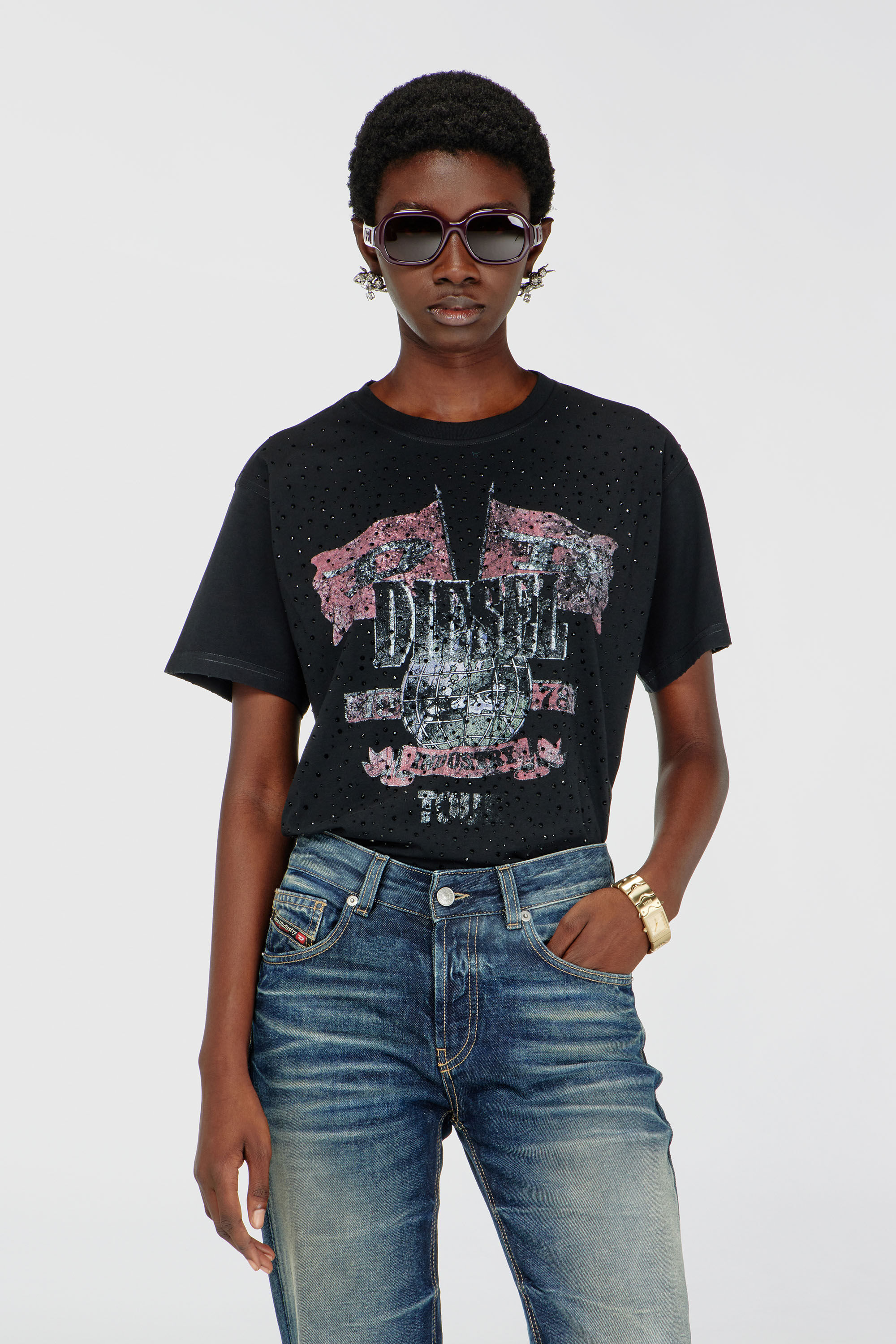 Diesel - T-MARLY, Woman's T-shirt with concert graphics and crystals in Black - 3