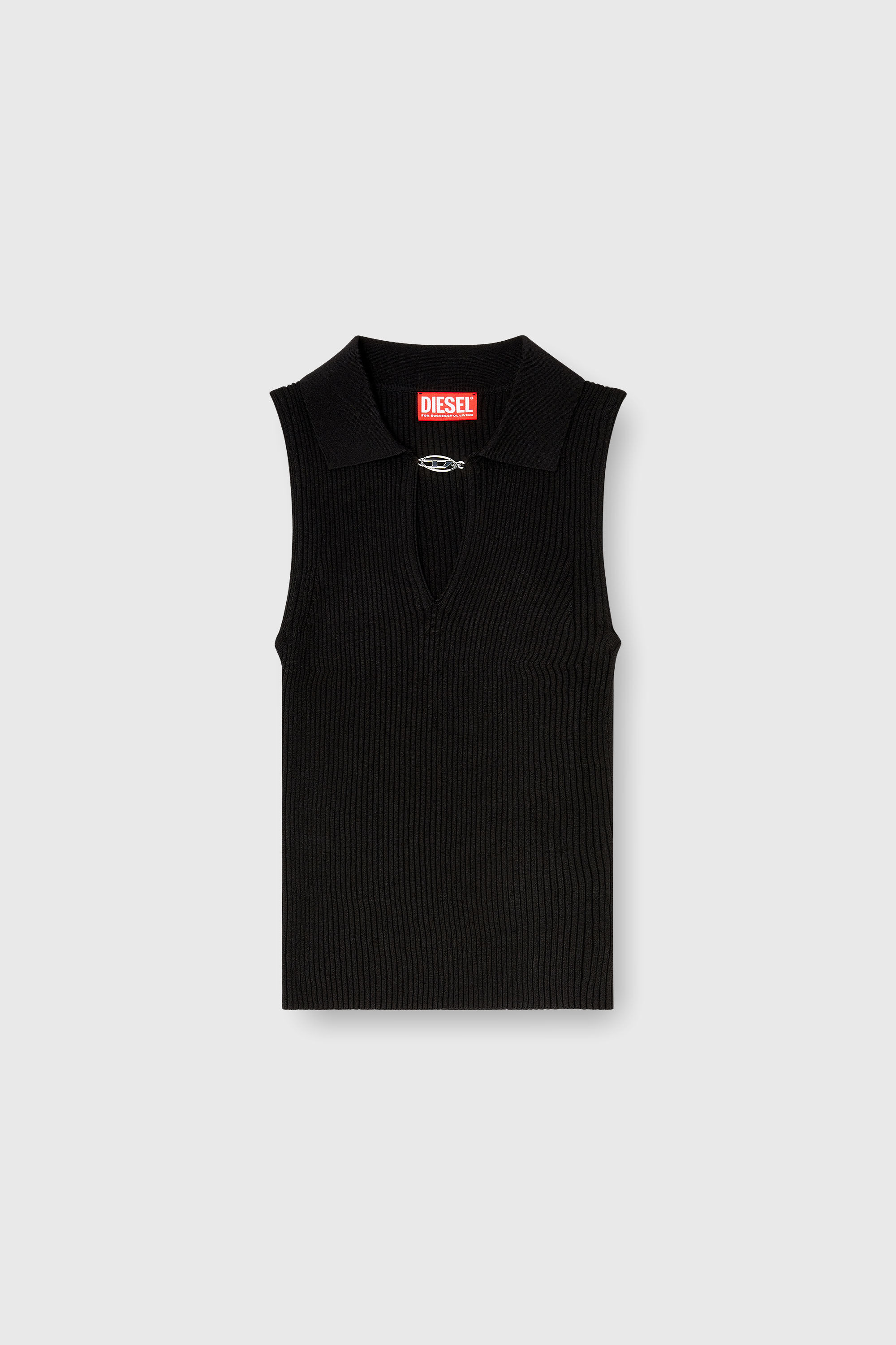 Diesel - M-LILITA, Woman's Sleeveless rib-knit polo top in silk blend in Black - 2