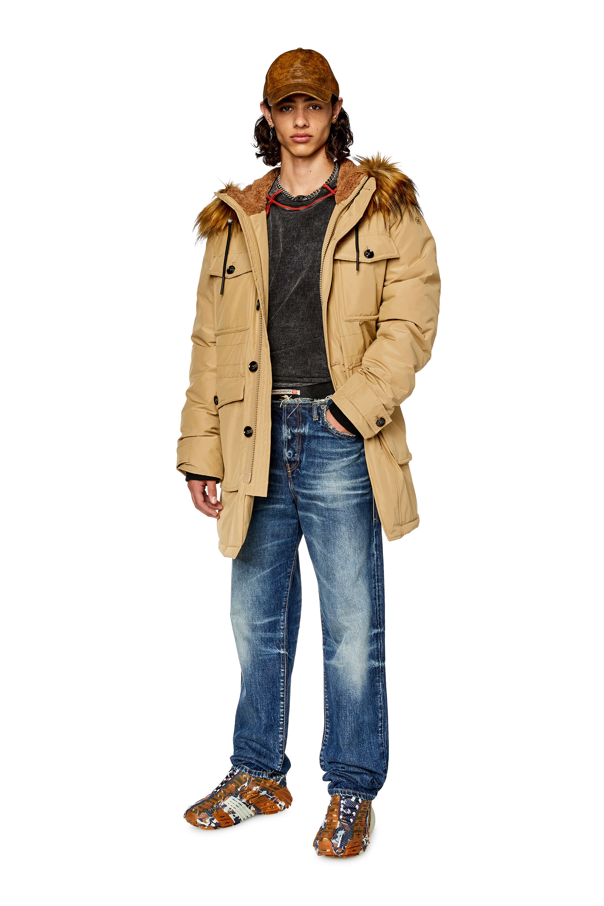Men s Padded parka with fluffy trim at hood Brown Diesel
