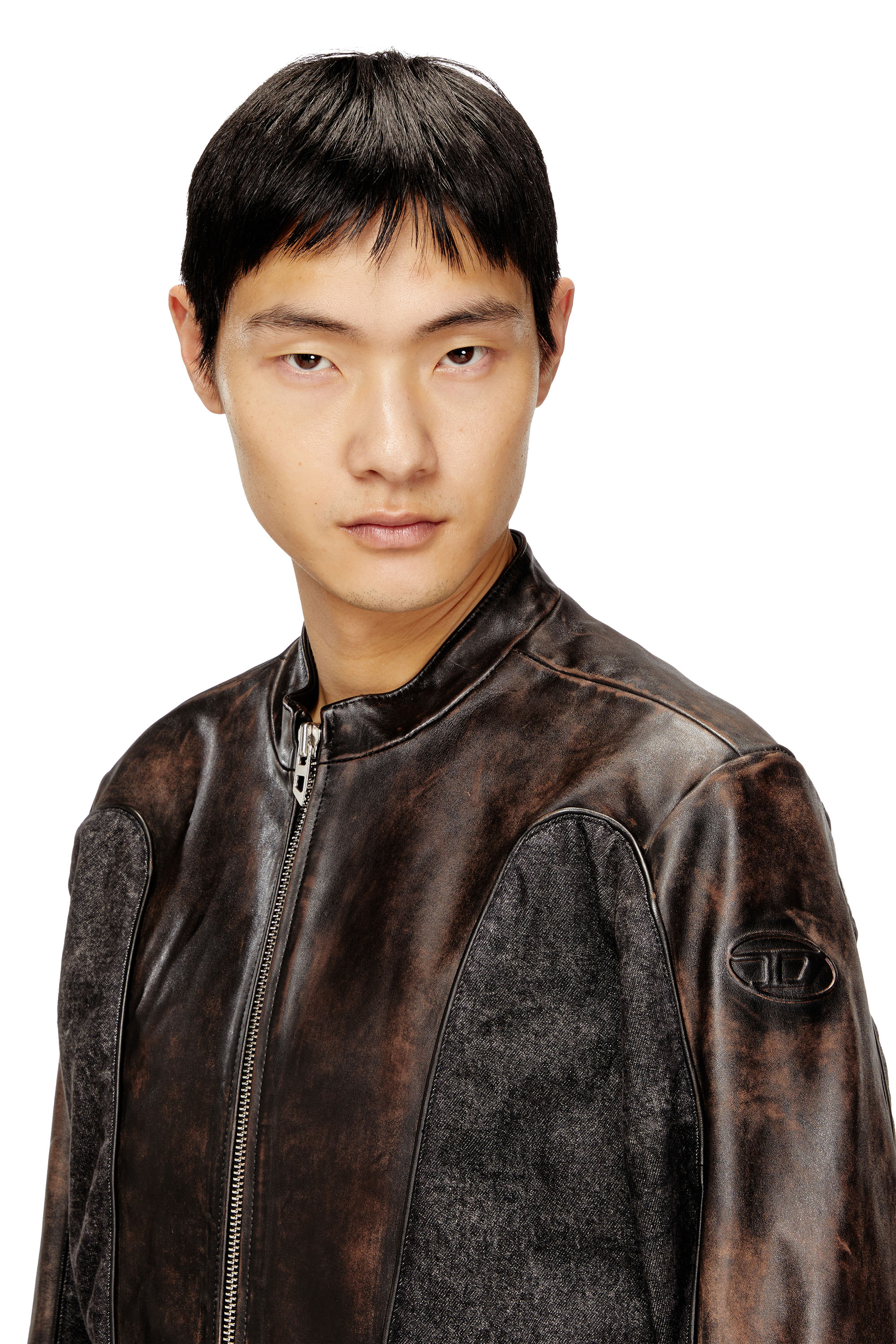 Diesel - L-KRILL-DNM, Man's Piped biker jacket in leather and denim in null - 5