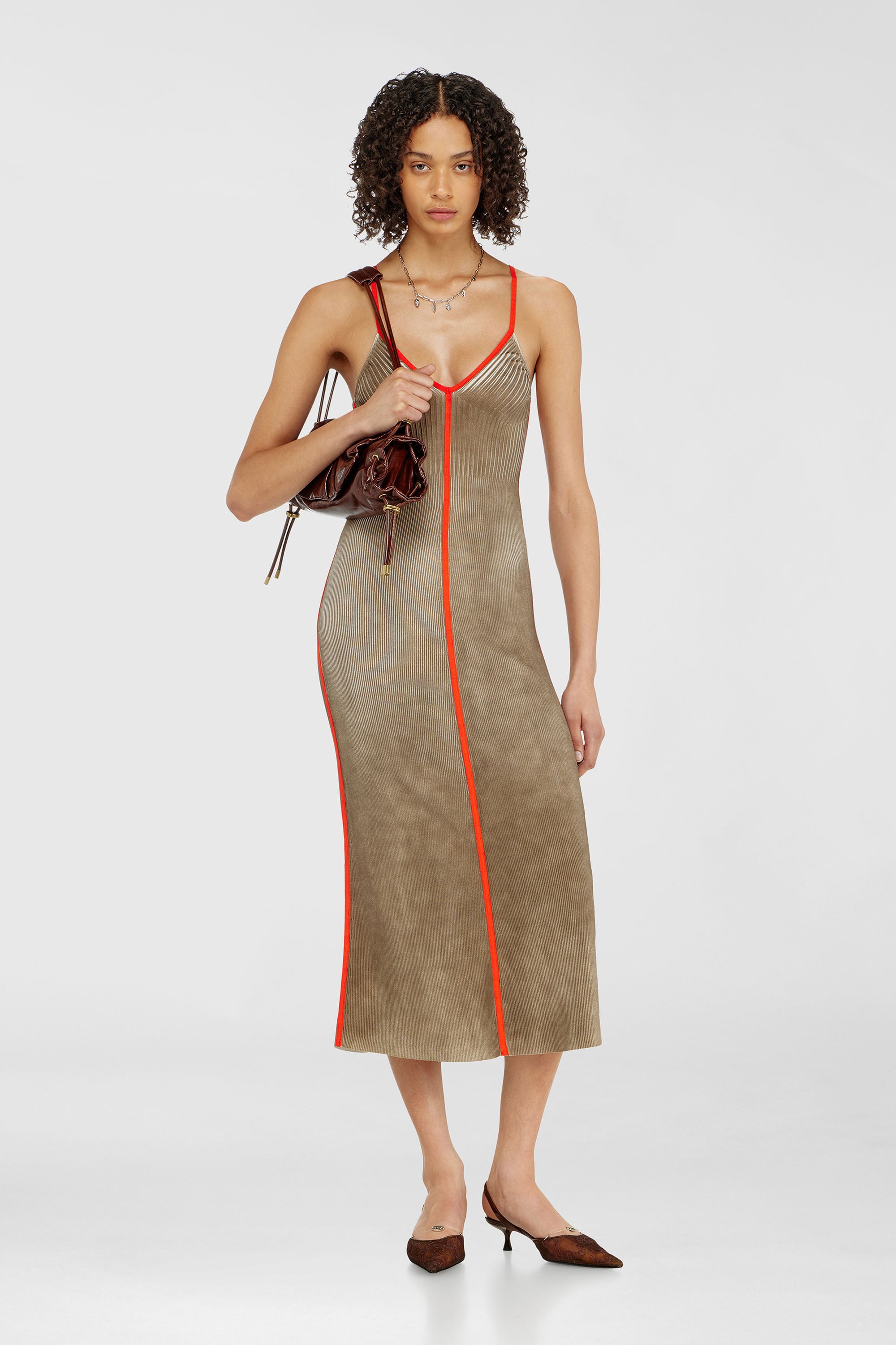 Diesel - M-SARMELA, Woman's Rib-knit midi cami dress with contrast bands in Red/Brown - 2