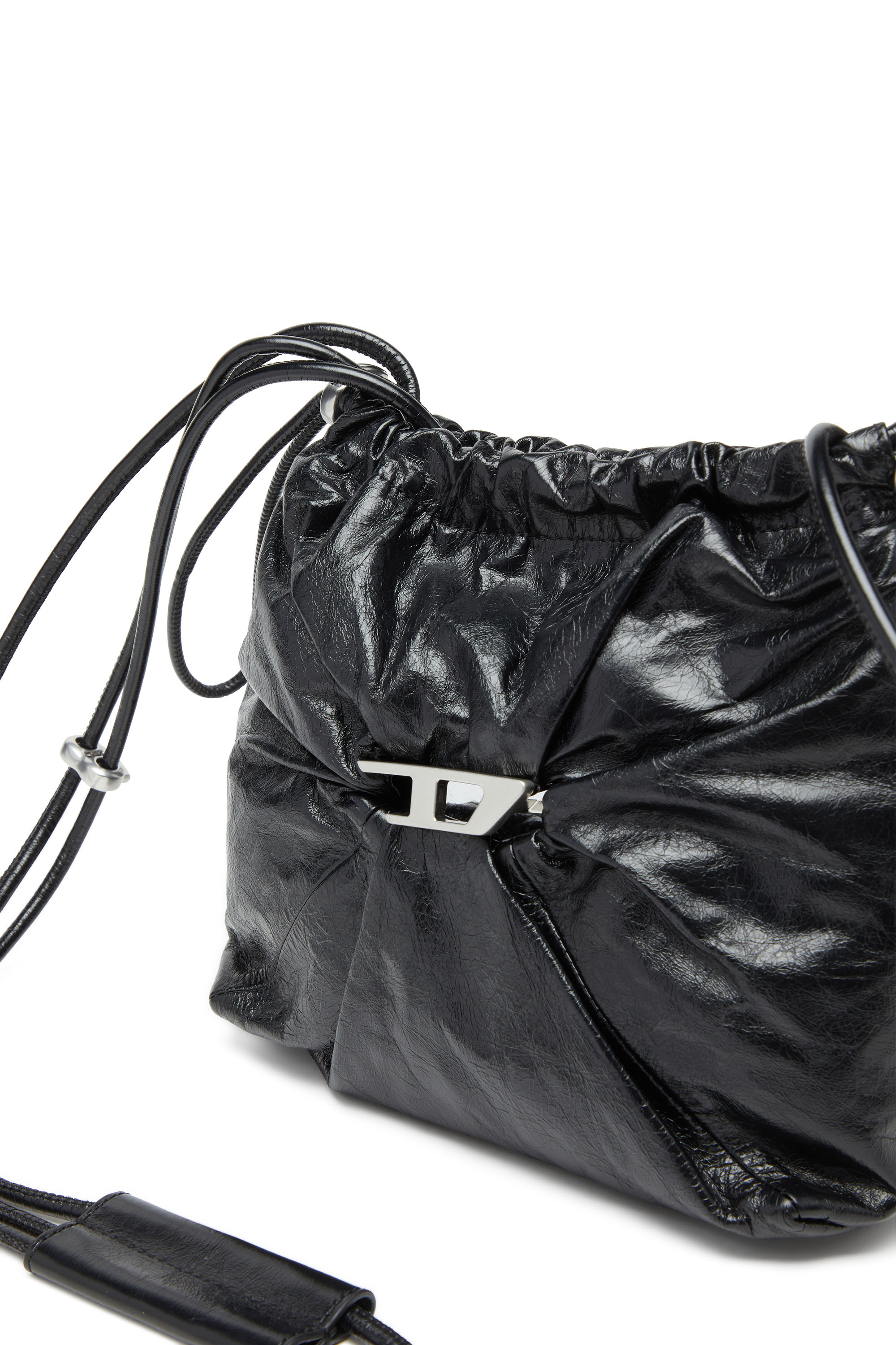 Diesel - SCRUNCH-D BUCKET, Woman's Bucket bag in shiny wrinkled leather in Black - 6