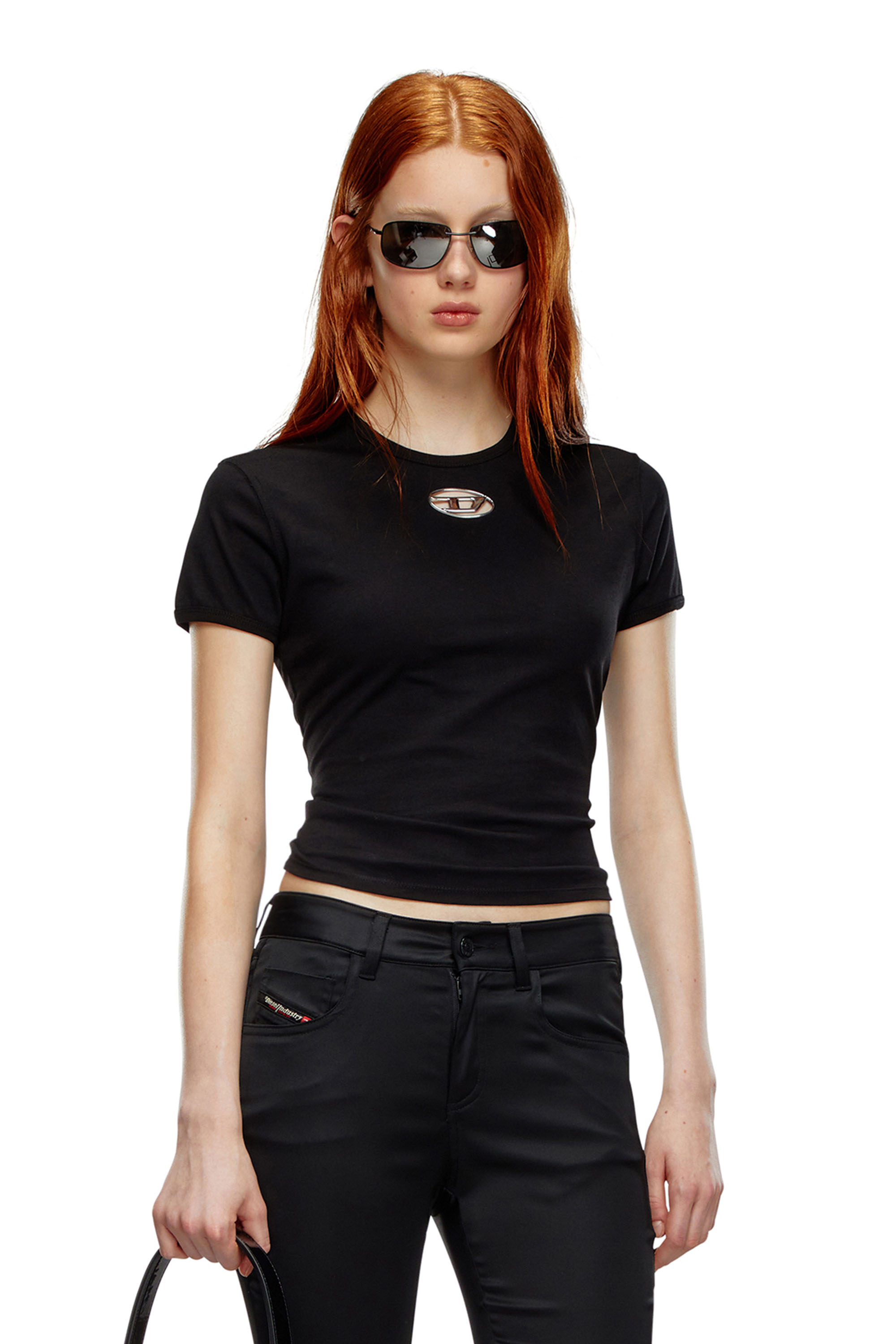 Diesel - T-UNCUTIE-LONG-OD, Woman's T-shirt with injection-moulded Oval D in Black - 3