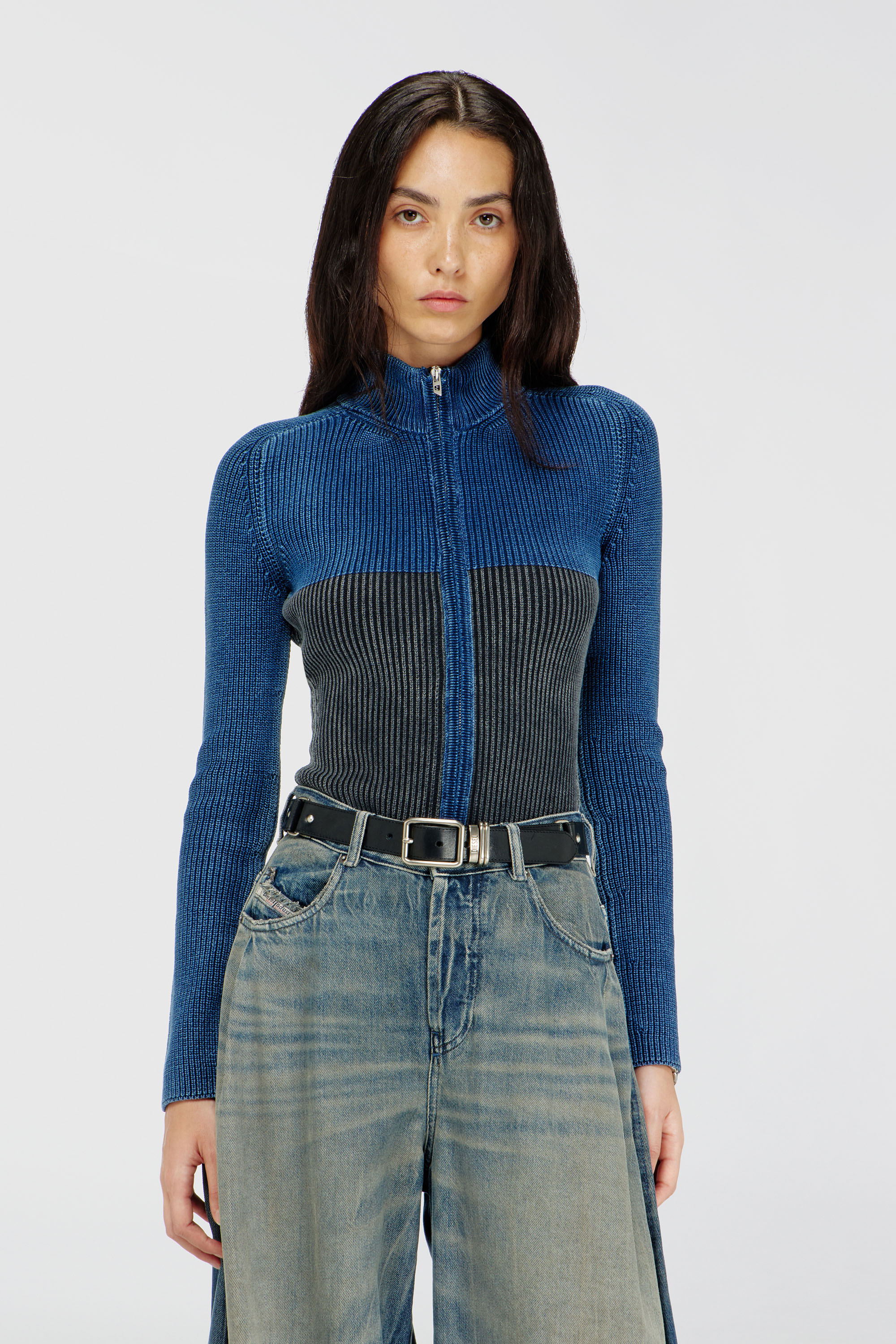 Diesel - M-HERMOSITA, Woman's Zip-up cardigan with two-tone denim effect in Black/Blue - 2