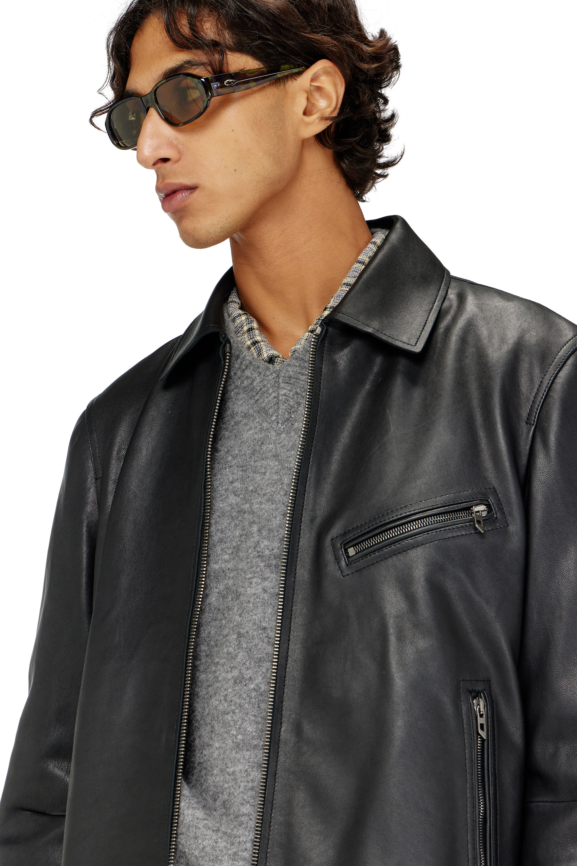 Diesel - L-KORN-A, Man's Leather jacket with embossed Oval D in Black - 5