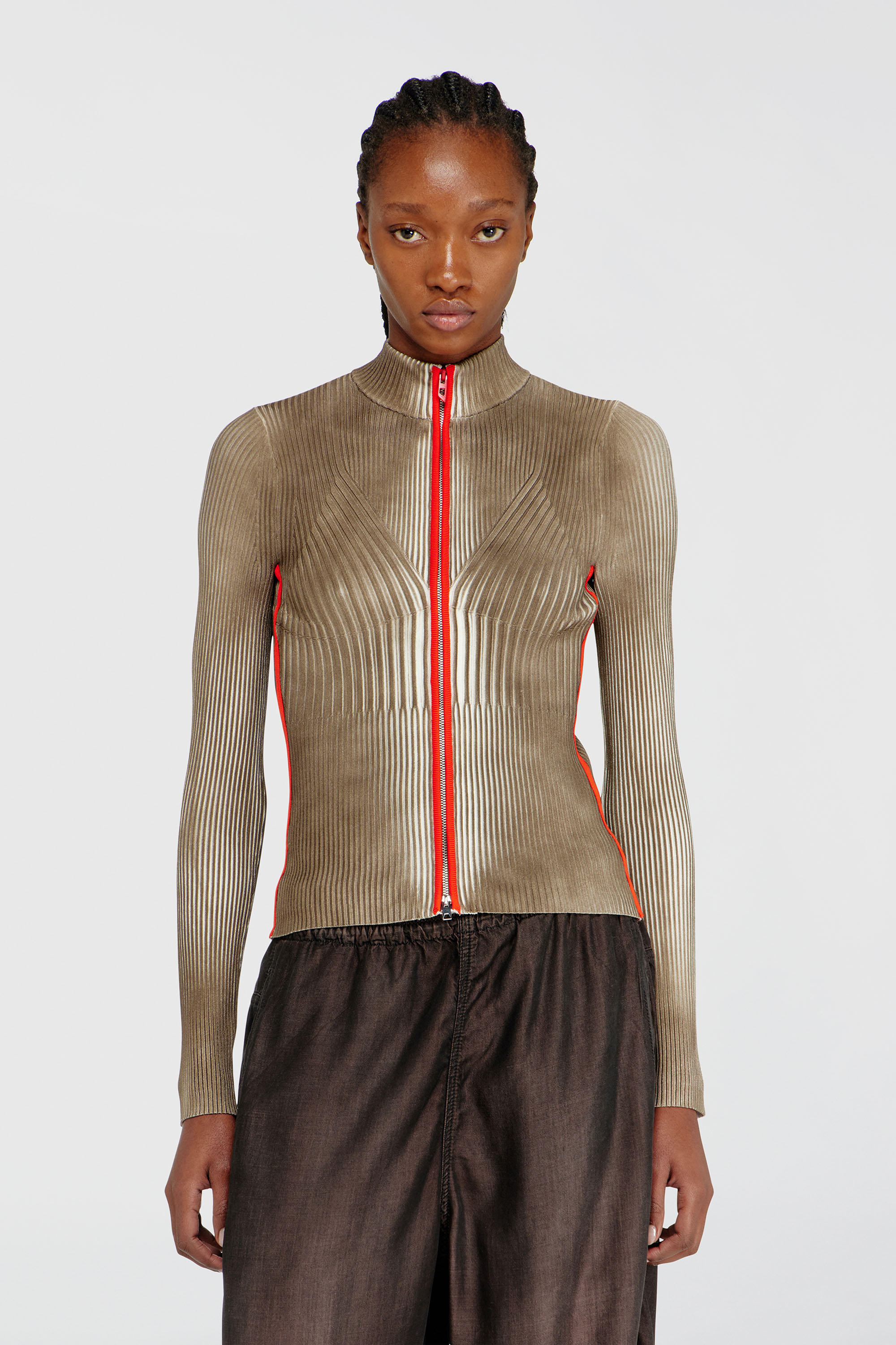 Diesel - M-SARMA, Woman's Ribbed zip cardigan with contrast bands in Red/Brown - 1
