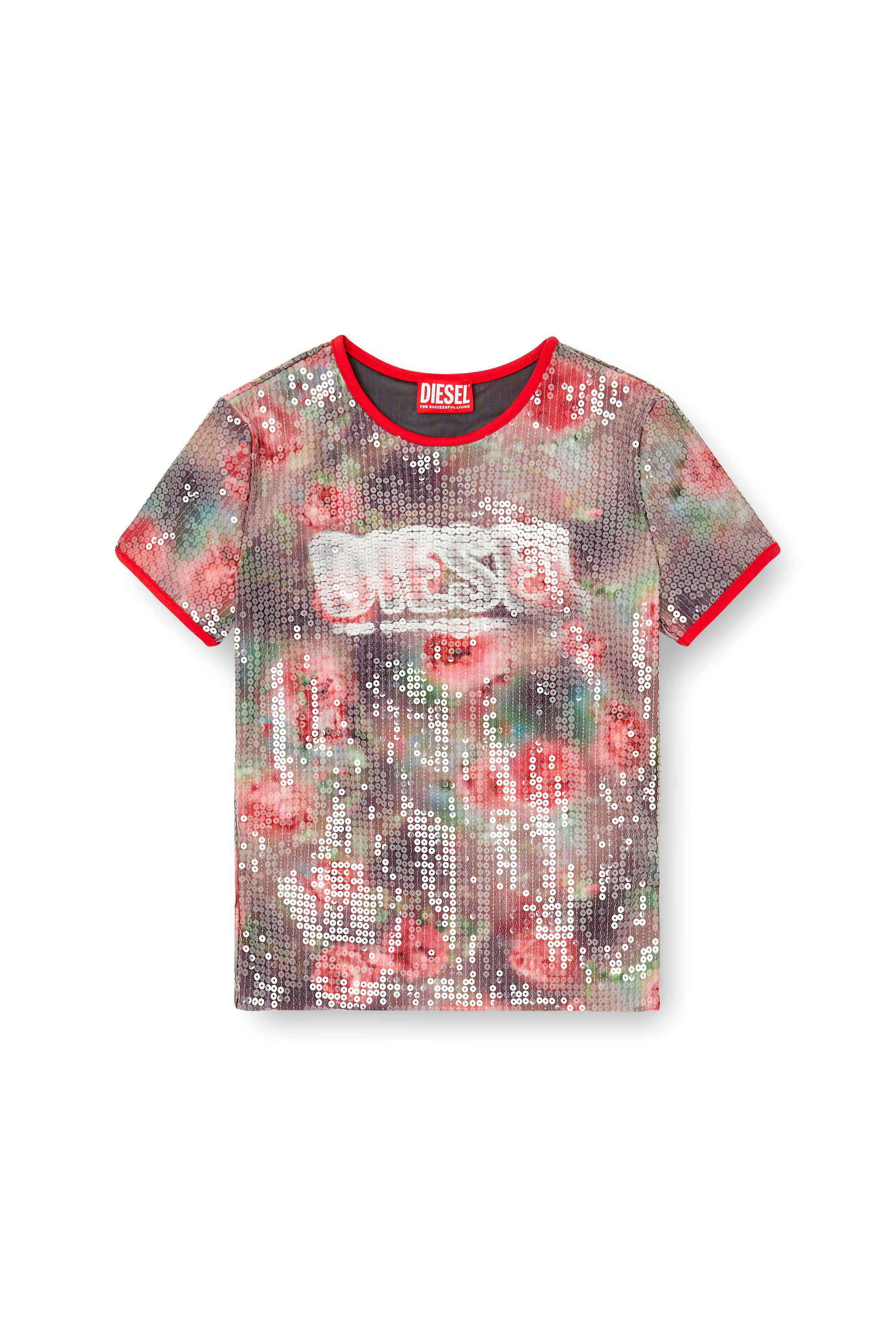 Diesel - T-UNKYEL, Woman's Skinny floral print jersey top with sequins in Brown/Green - 2