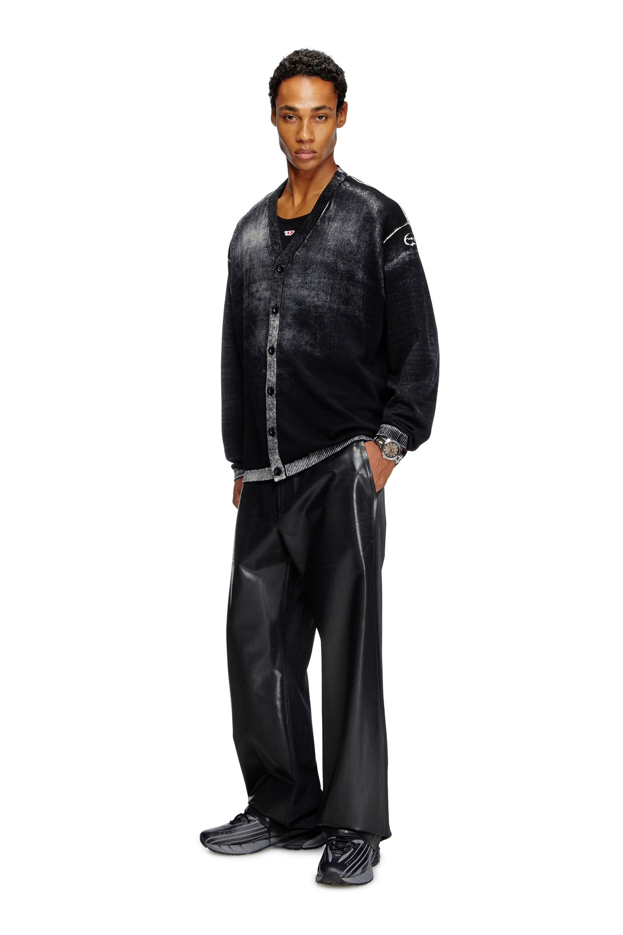 K-LARENCE-CARDIGAN-B, Black Diesel - K-LARENCE-CARDIGAN-B, Man's Reverse-print cotton cardigan in Black - 1