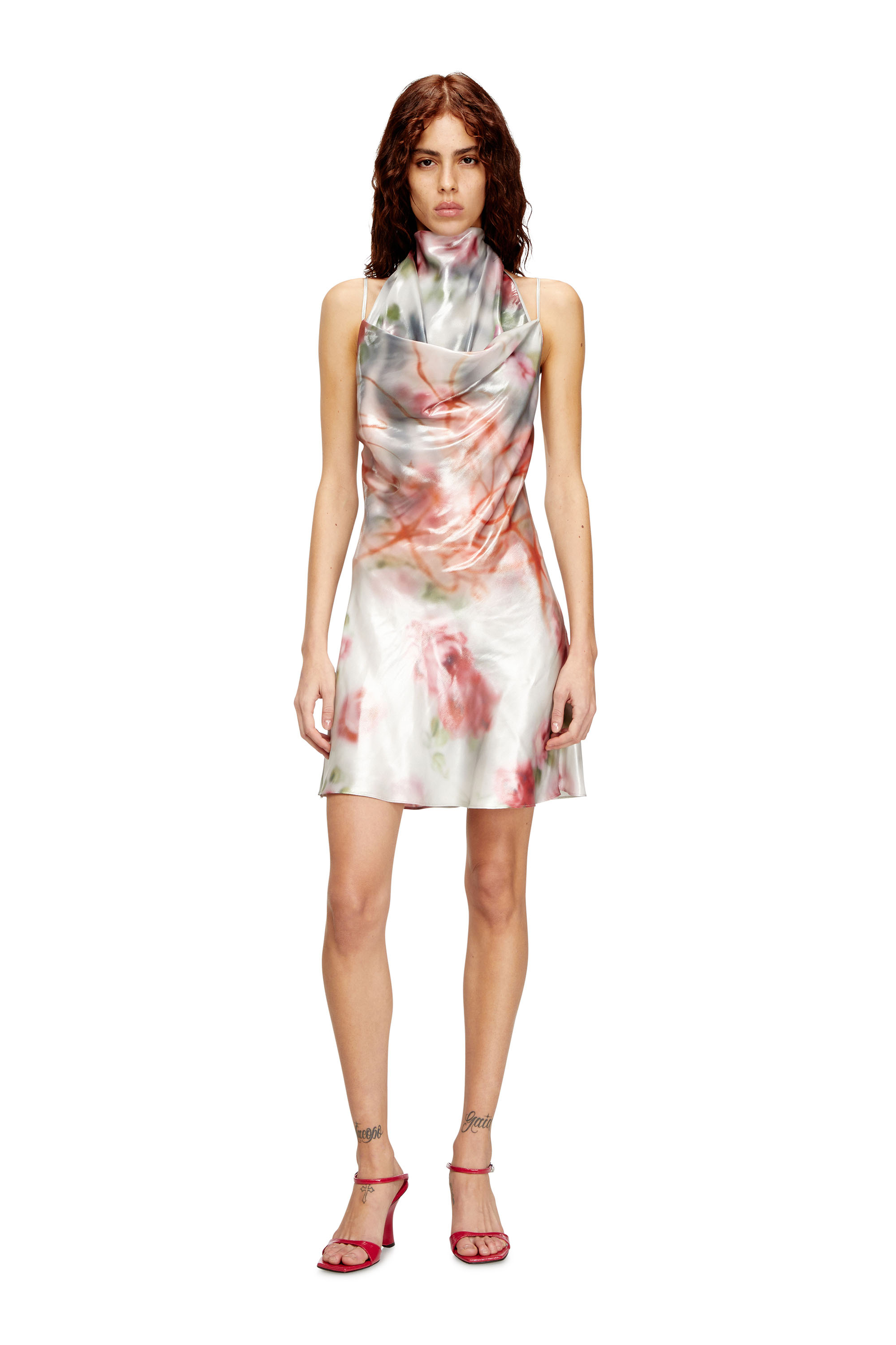 Diesel - D-EBRA-SHORT, Woman's Metallic short dress with blurred rose print in Multicolor - 2