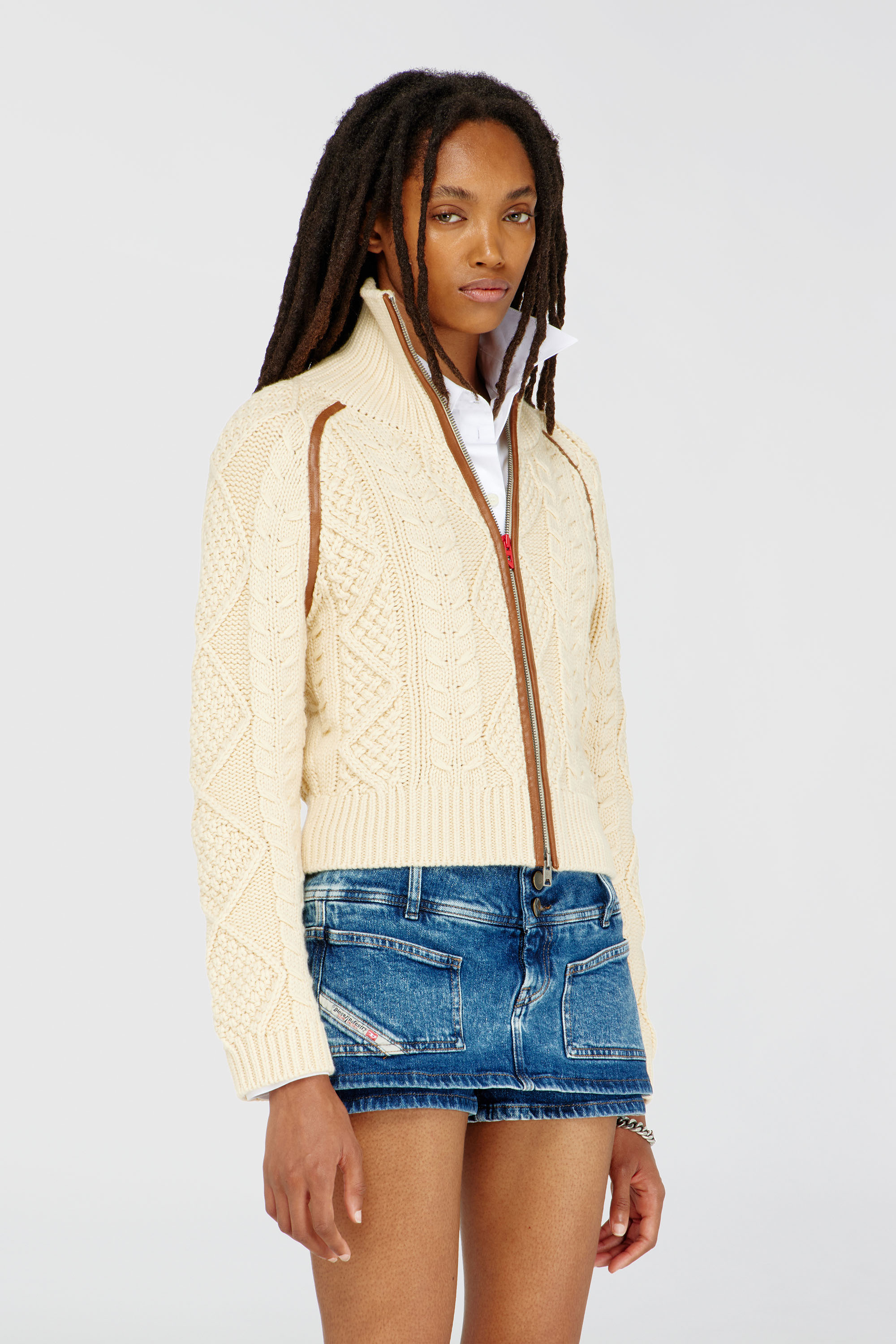 Diesel - M-INTELLE, Woman's Cable-knit cardigan with contrast bands in Beige - 3