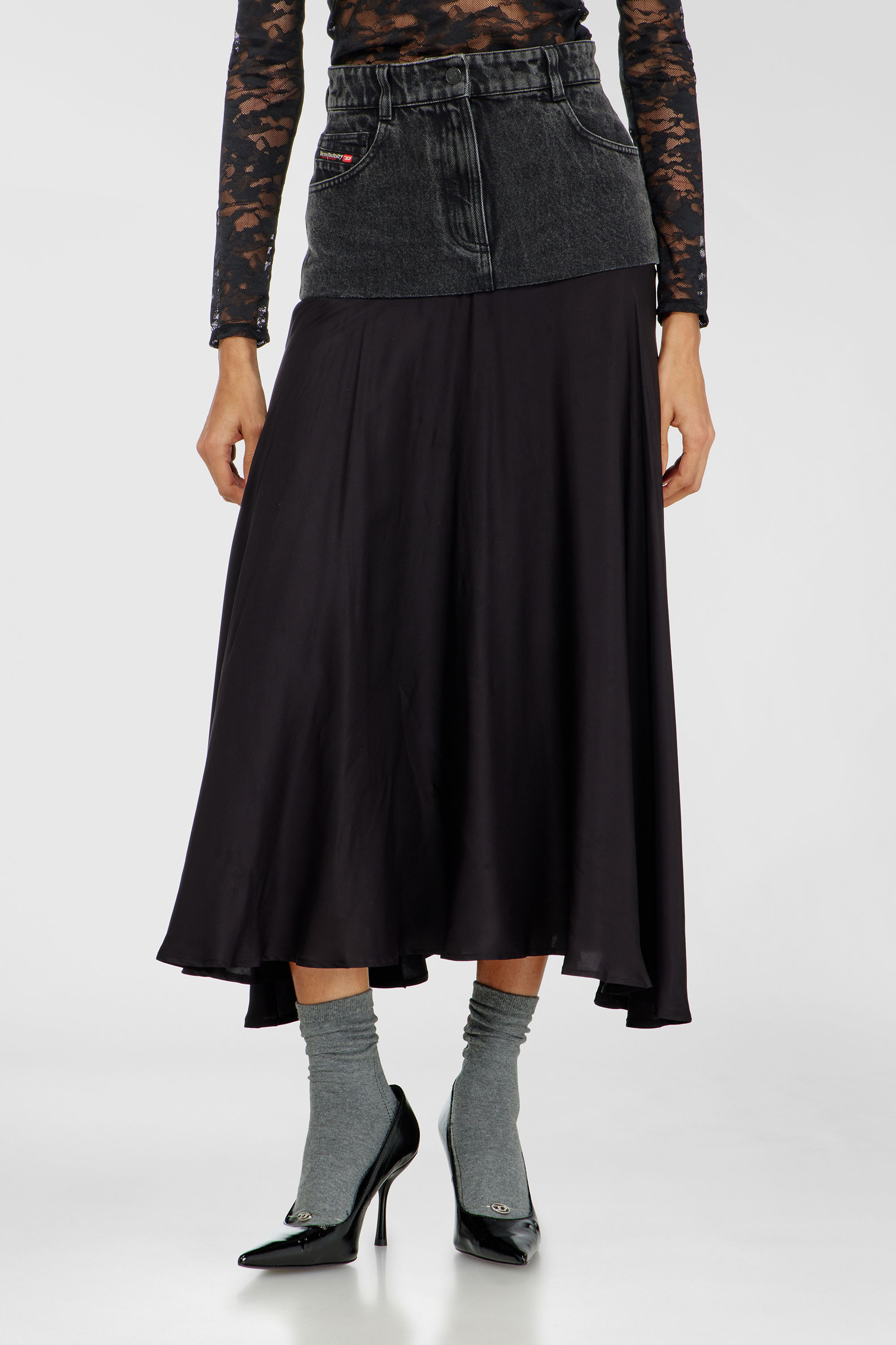 Diesel - O-RIONE, Woman's Midi skirt with denim-satin sections in Black - 3
