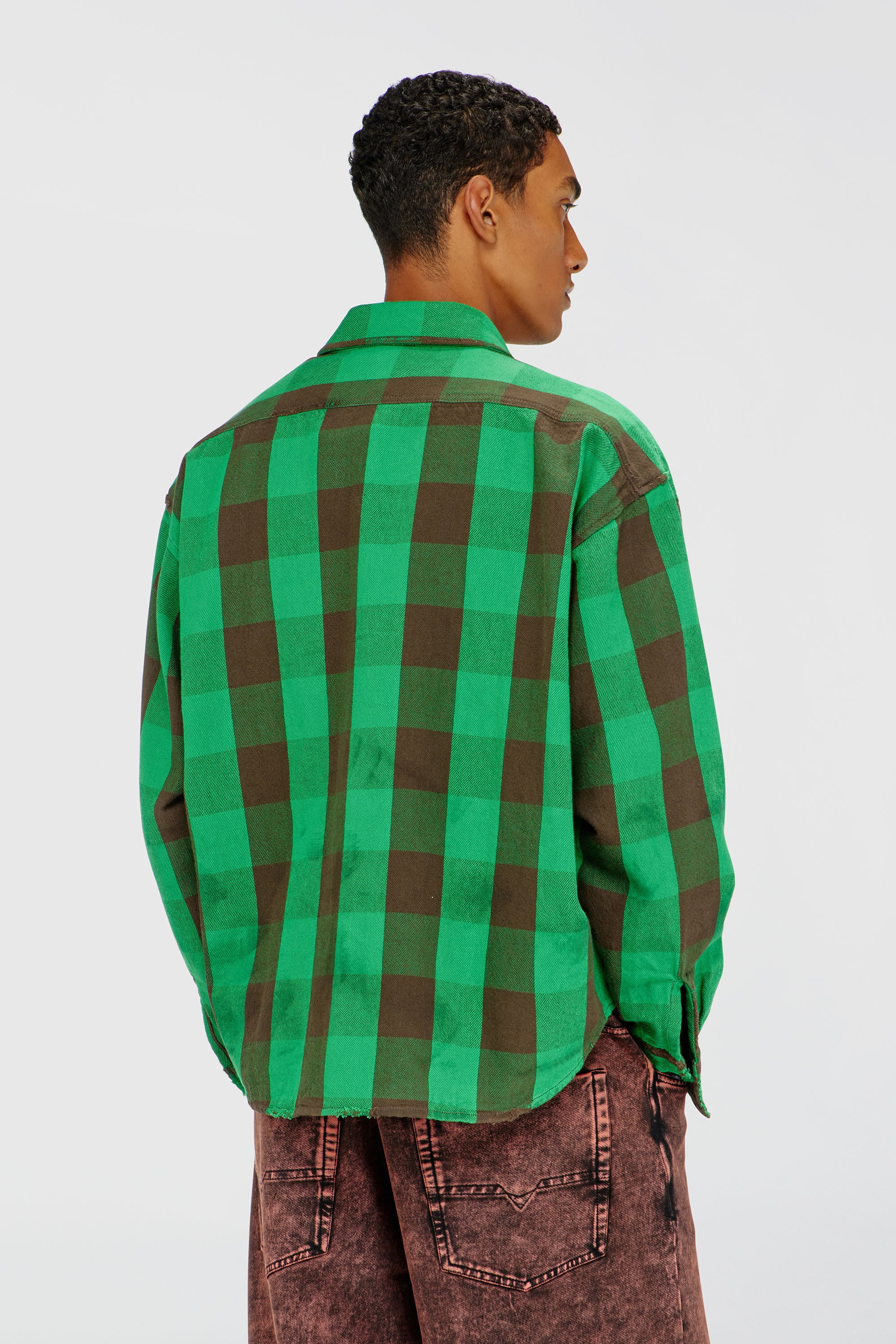 Diesel - S-DRUM, Man's Check flannel shirt with distressed effect in Brown/Green - 4
