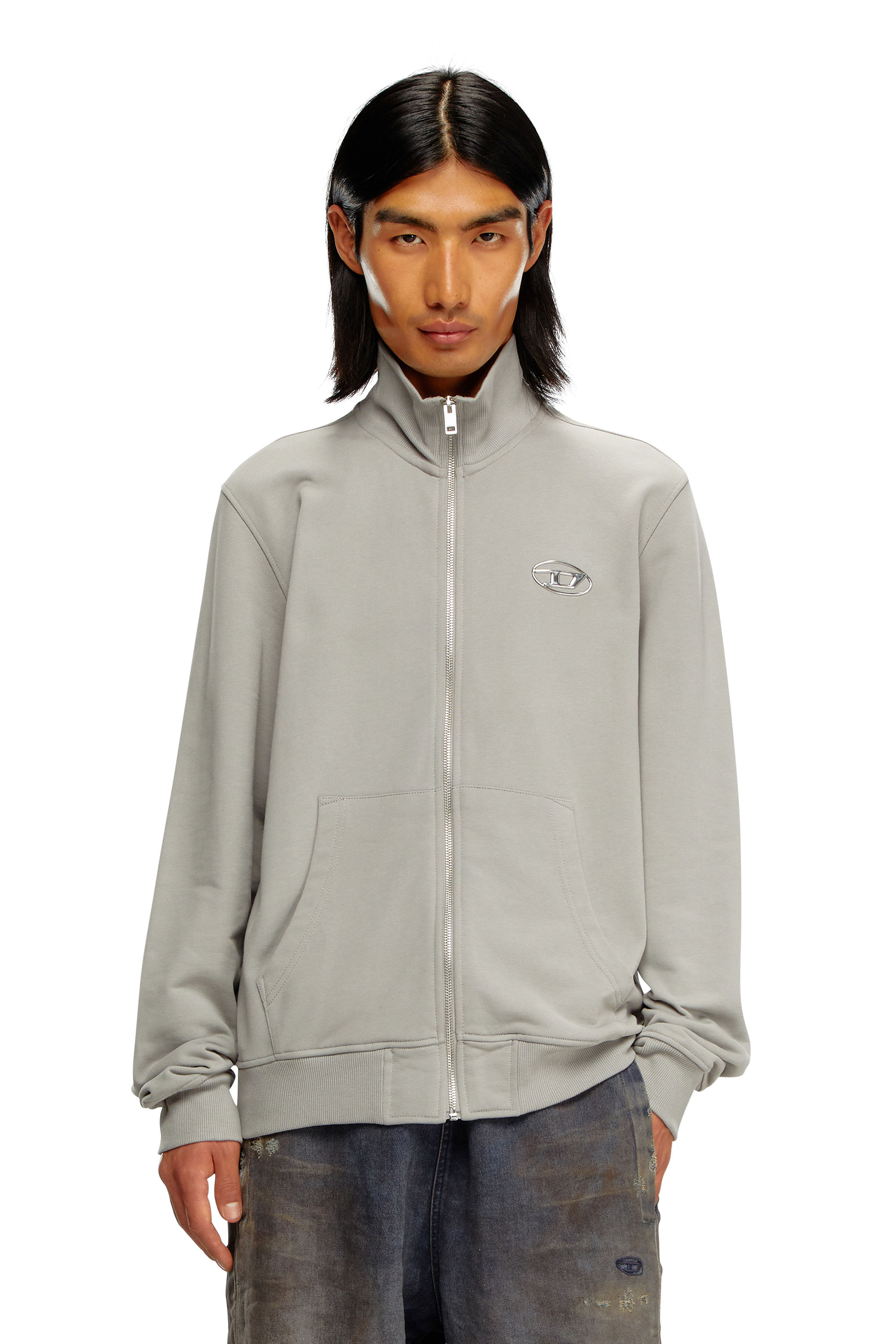 Diesel - S-GINNI-ZIP-OD, Man's Zip-up sweatshirt with metallic logo in Light Grey - 3