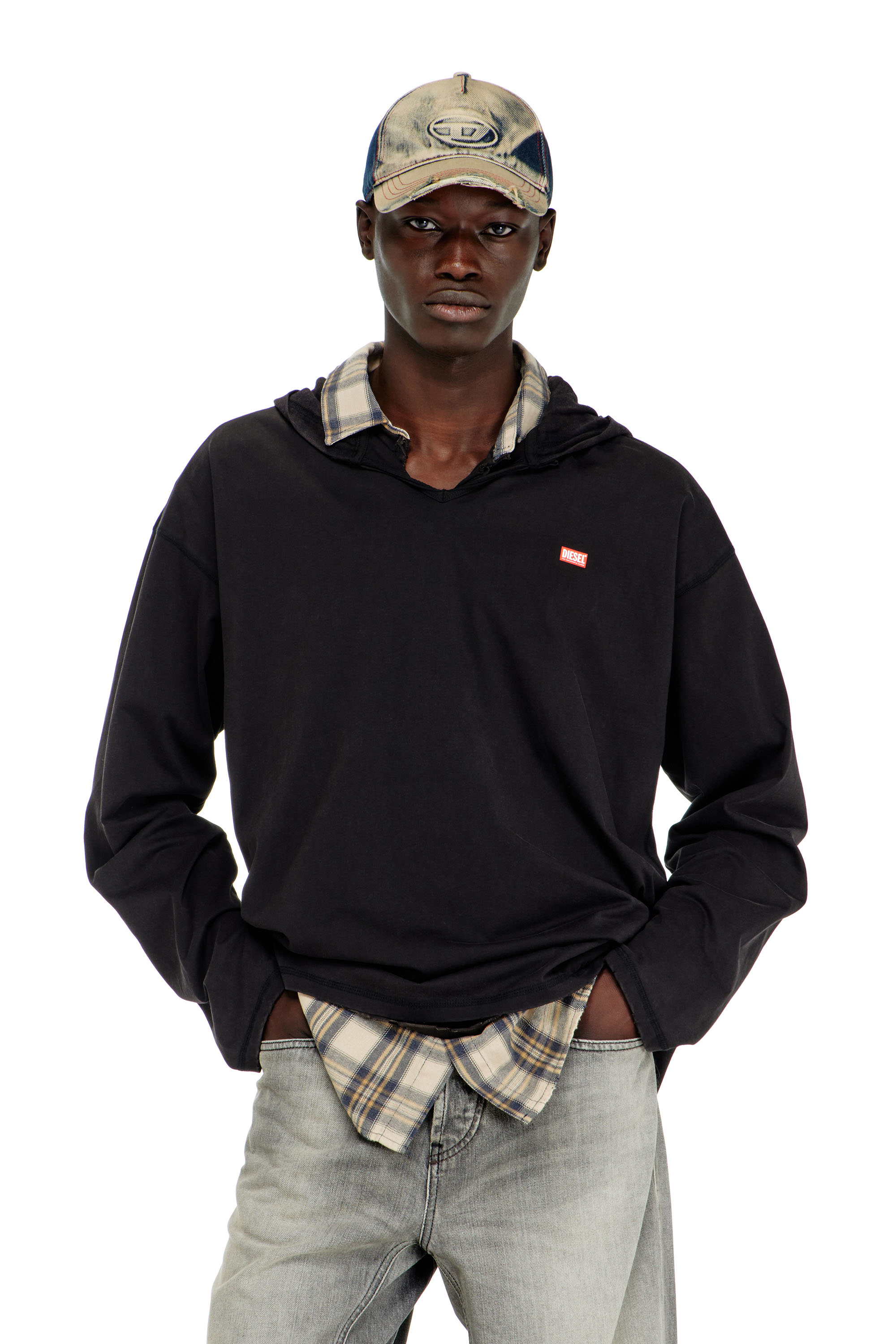 Diesel - T-BOXT-LS-HOOD-CHECK, Man's Long-sleeve T-shirt with flannel hood in null - 1