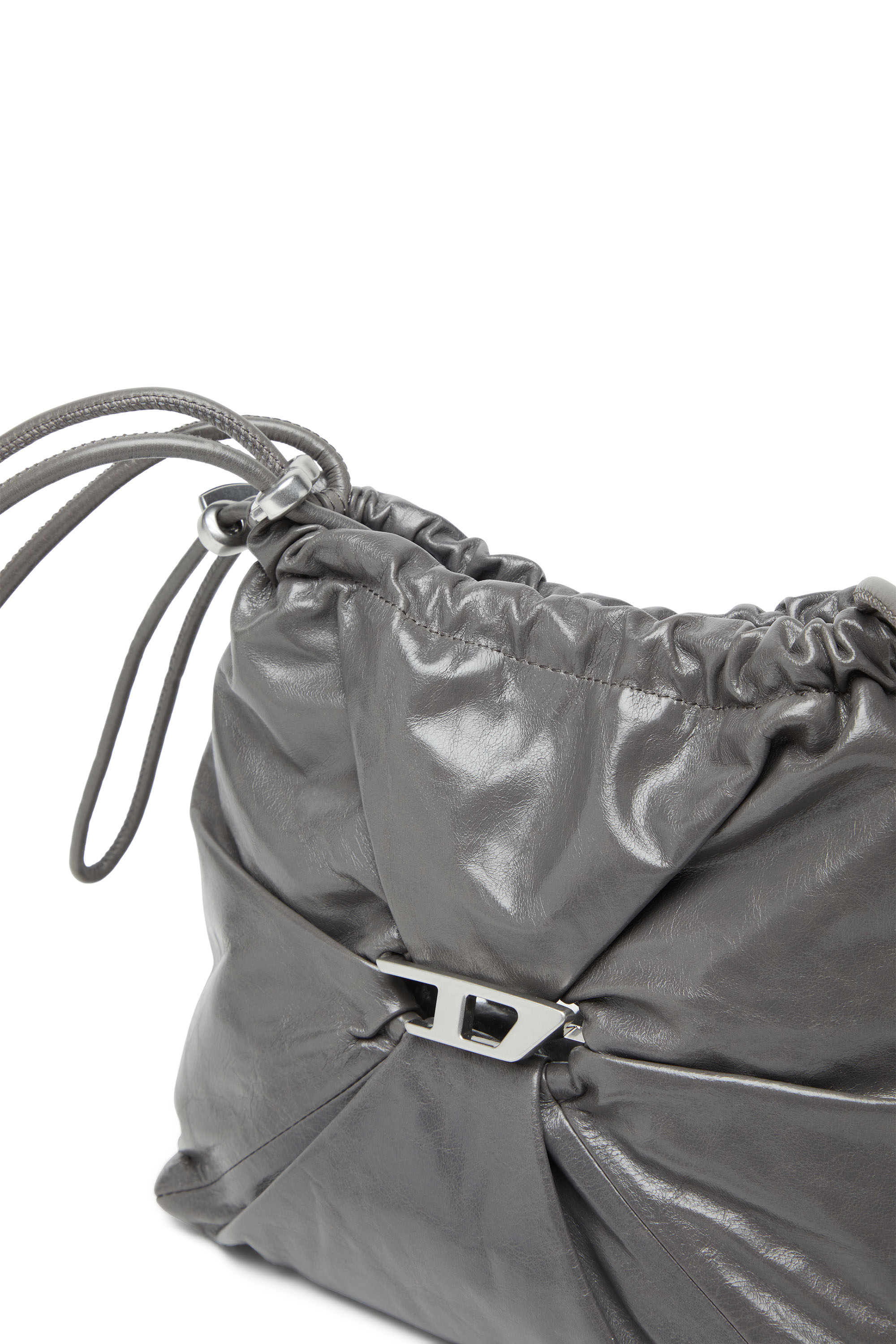 Diesel - SCRUNCH-D BUCKET, Woman's Bucket bag in shiny wrinkled leather in Grey - 5