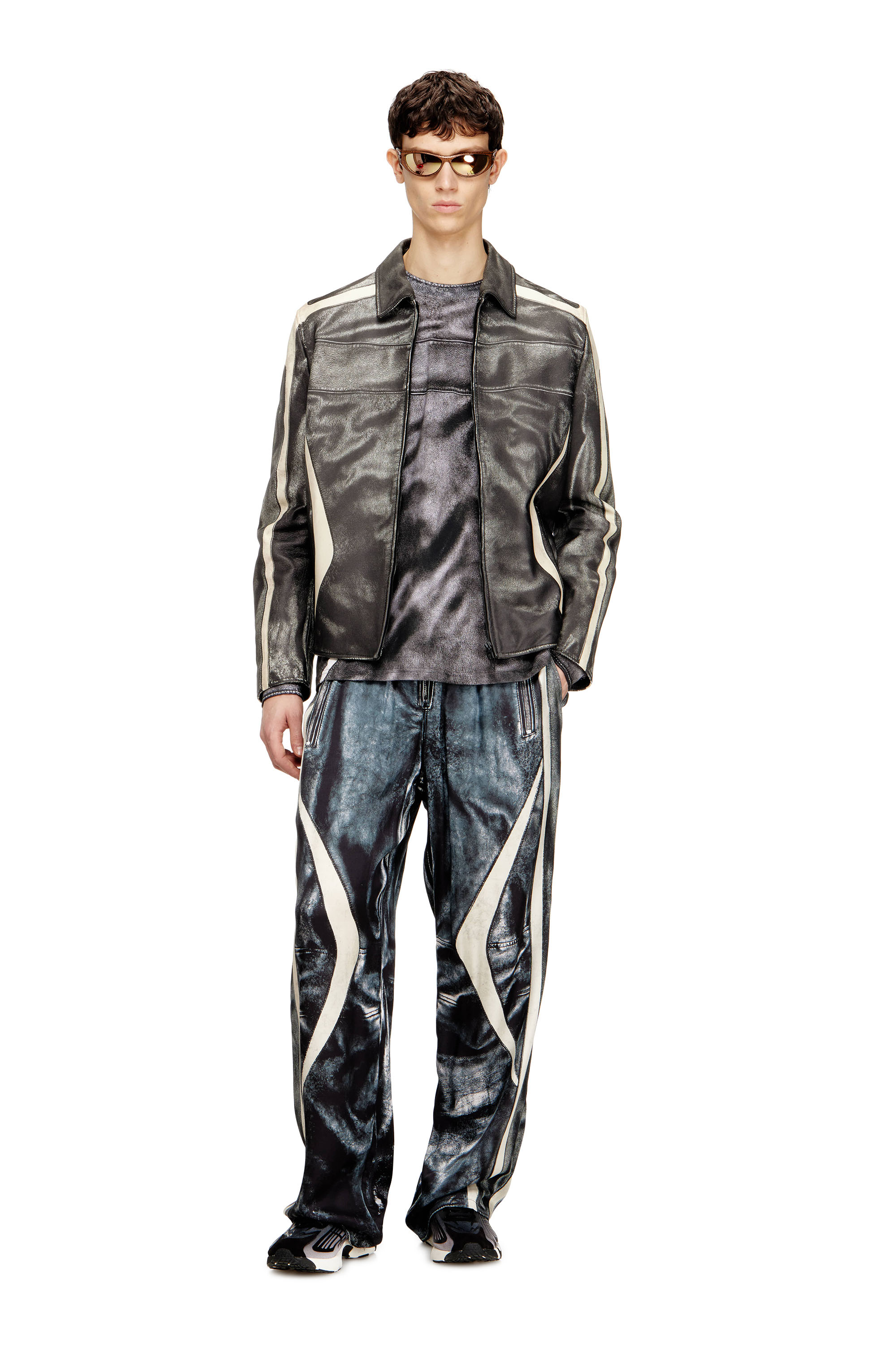 Diesel - L-AMAR-ENBI, Man's Leather coach jacket with biker print in Black/White - 1