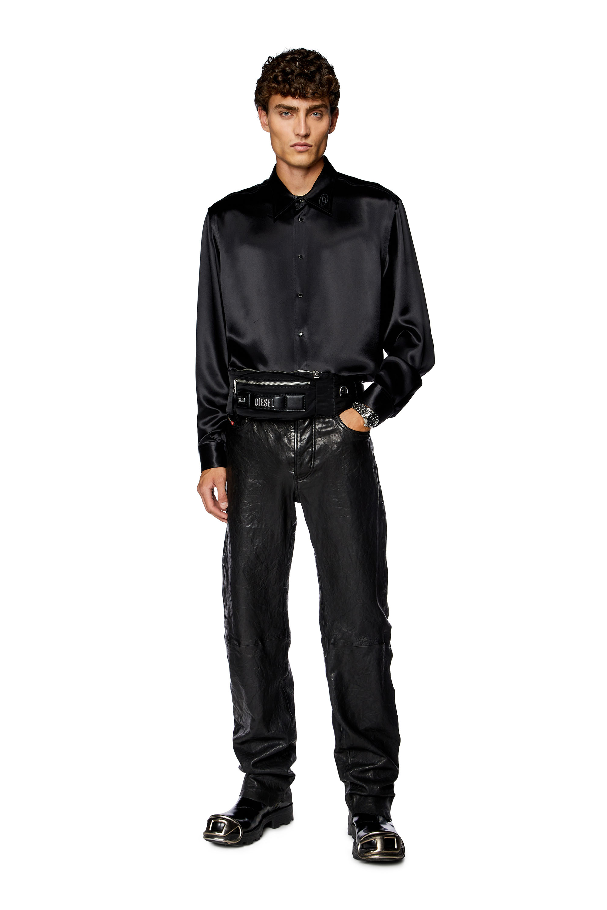 Diesel - P-MACS-LTH, Man Textured waxed-leather pants in Black - Image 1