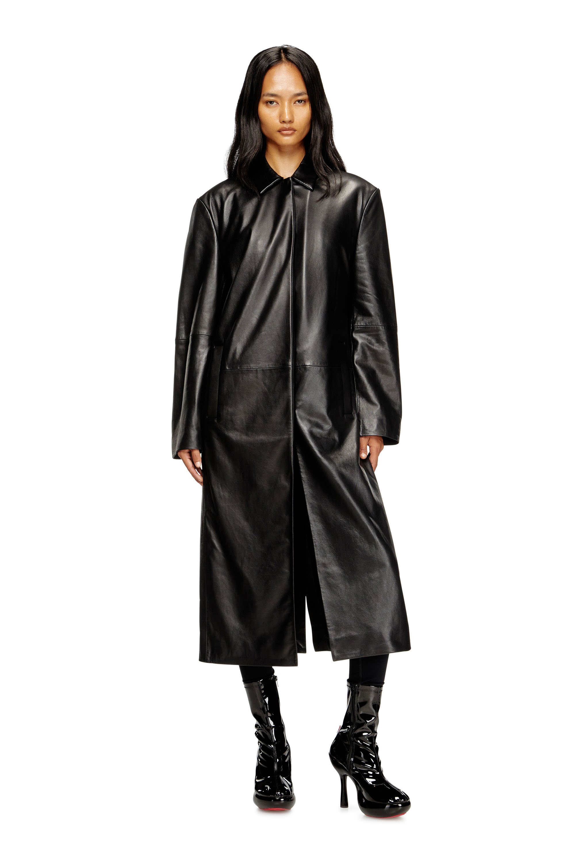 Diesel - L-ANCELOT, Woman's Long padded leather coat in Black - 1