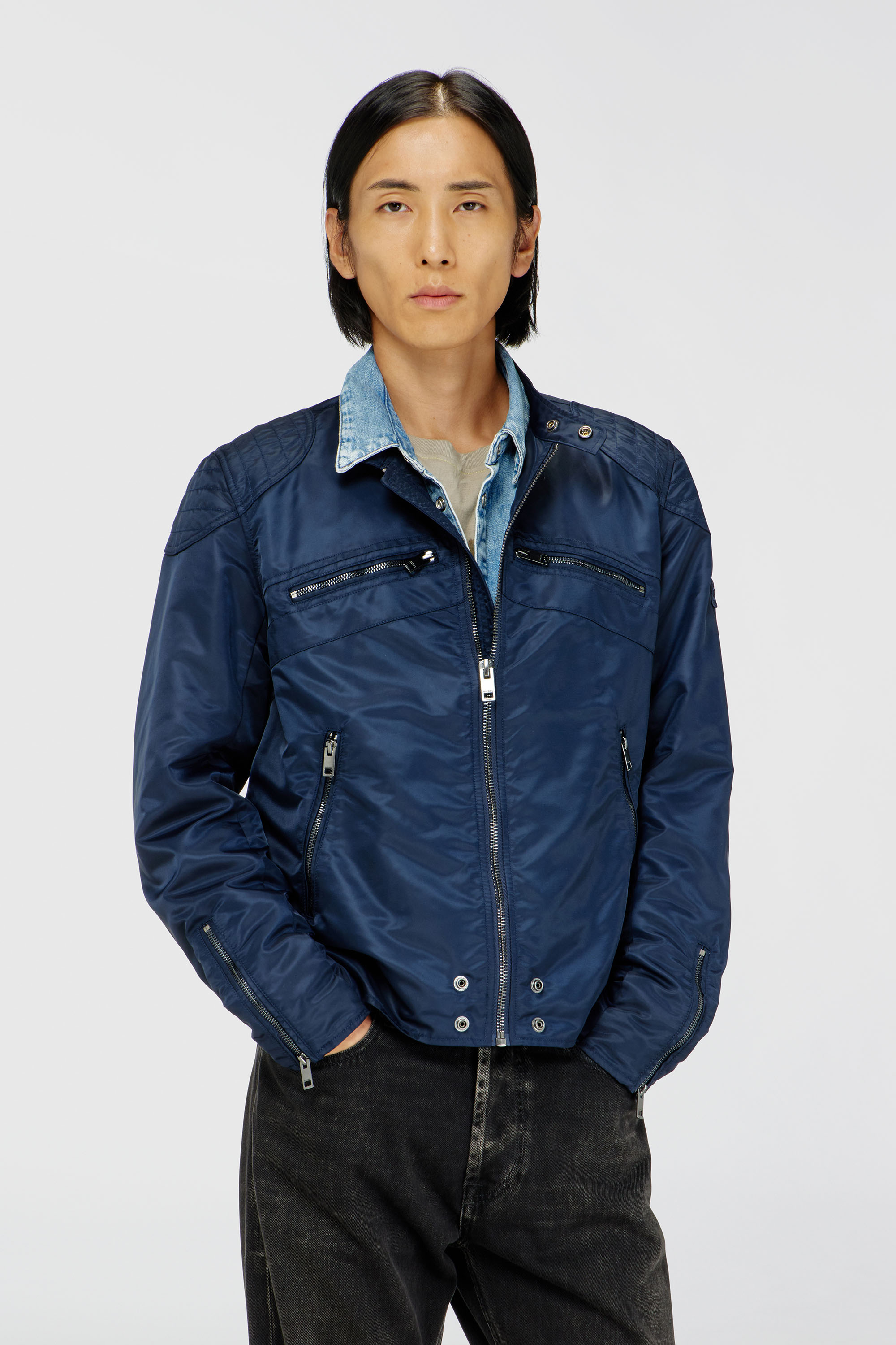 Diesel - J-GLORY-T92, Man's Nylon jacket with quilted shoulders and zip pockets in Blue - 1