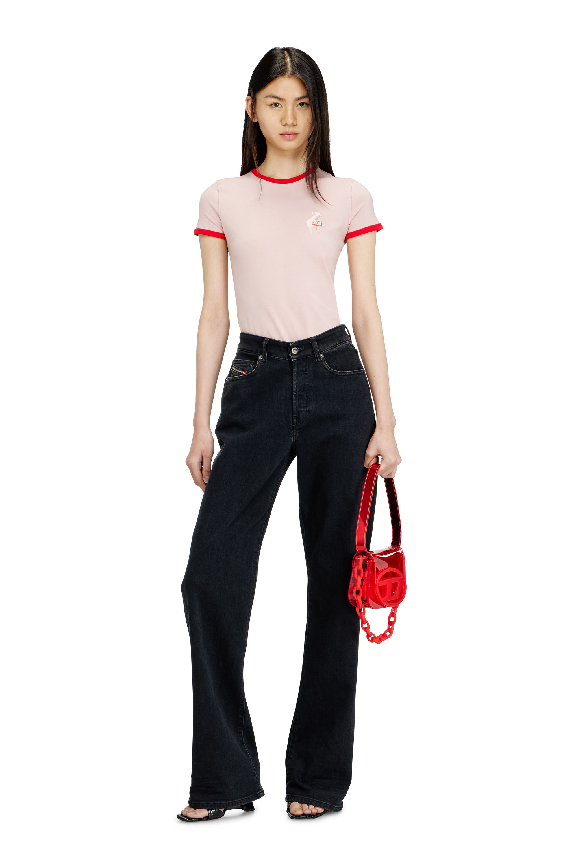 Diesel - T-UNCUTIES-LONG-S12, Woman's Slim T-shirt with pig print in Pink - 2