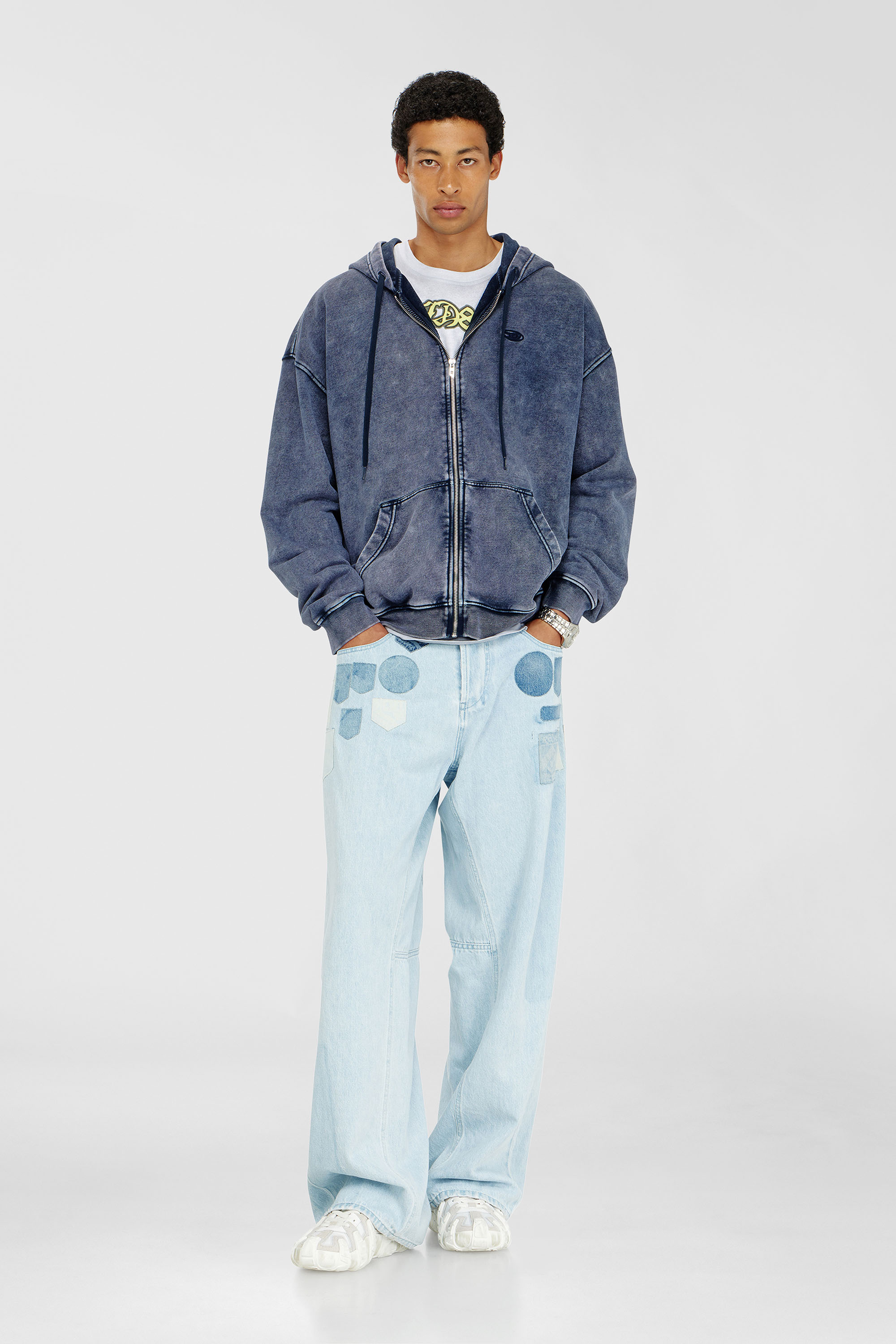 Diesel - S-BOXT-HOOD-ZIP-DEN, Man's Zip-up hoodie in treated cotton fleece in Blue - 1