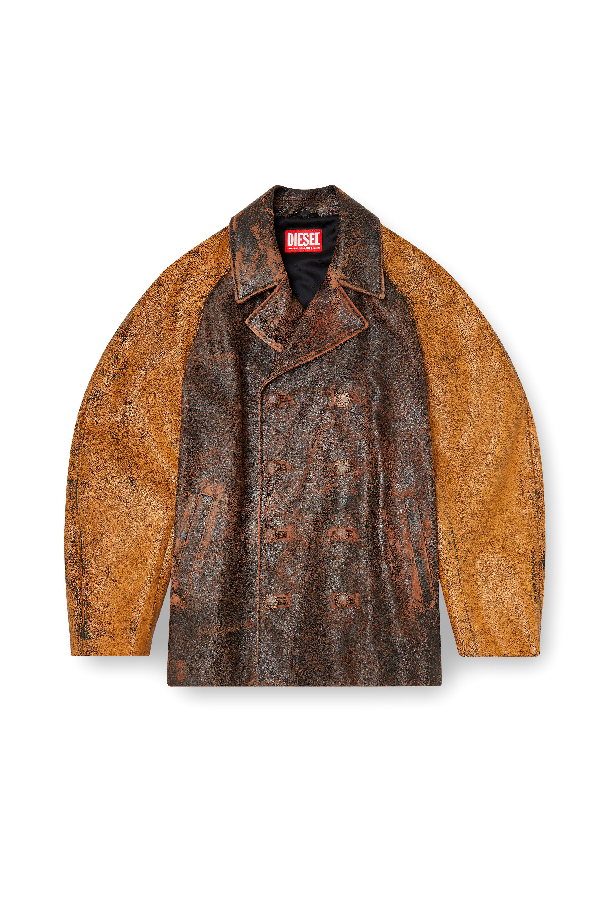 Diesel - L-NAHUN, Man's Cocoon peacoat in crackle leather in Brown - 3