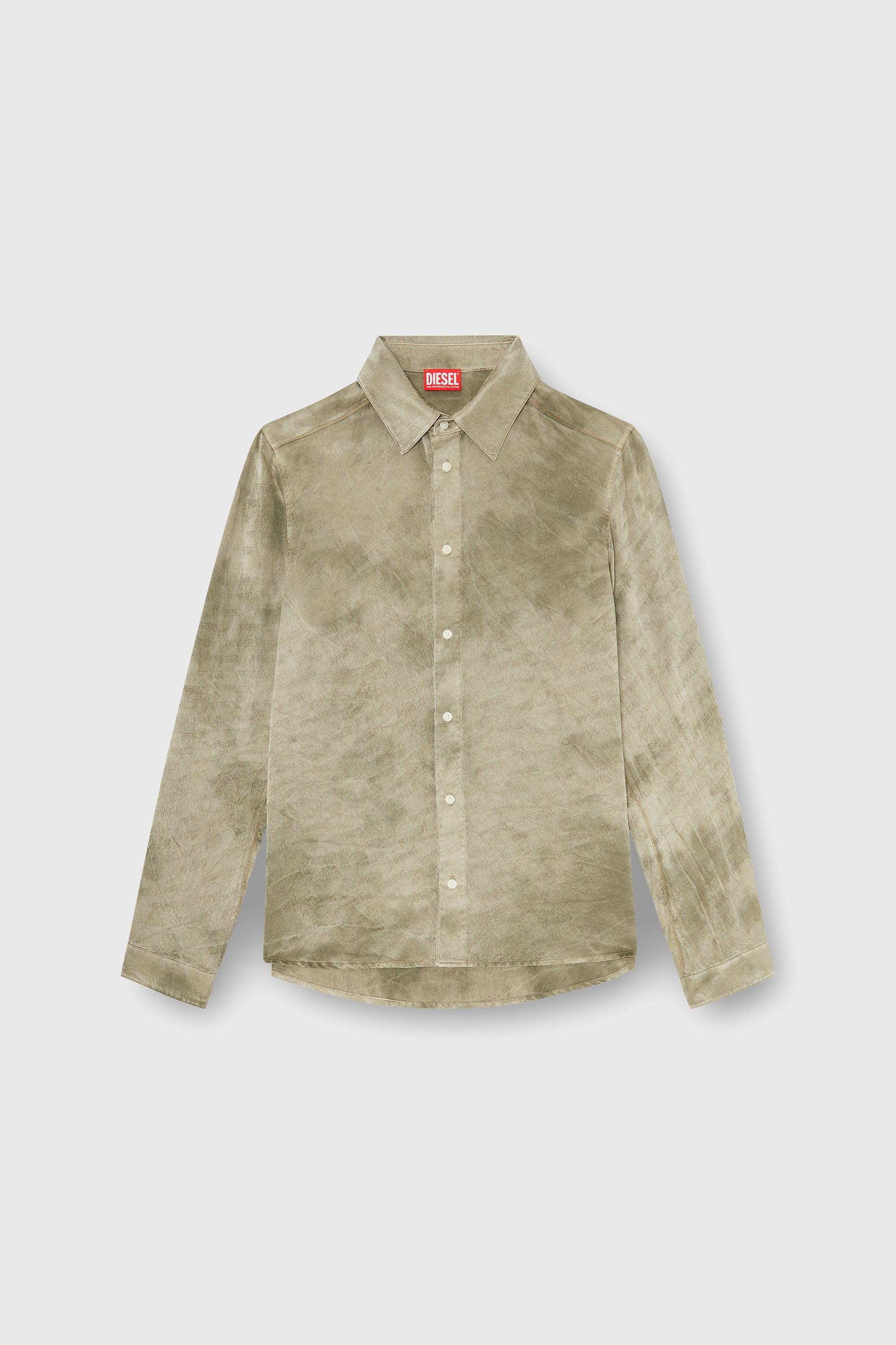 Diesel - S-KISSY-HNBW, Man's Shirt in logo-jacquard crinkled satin in Light Brown - 1