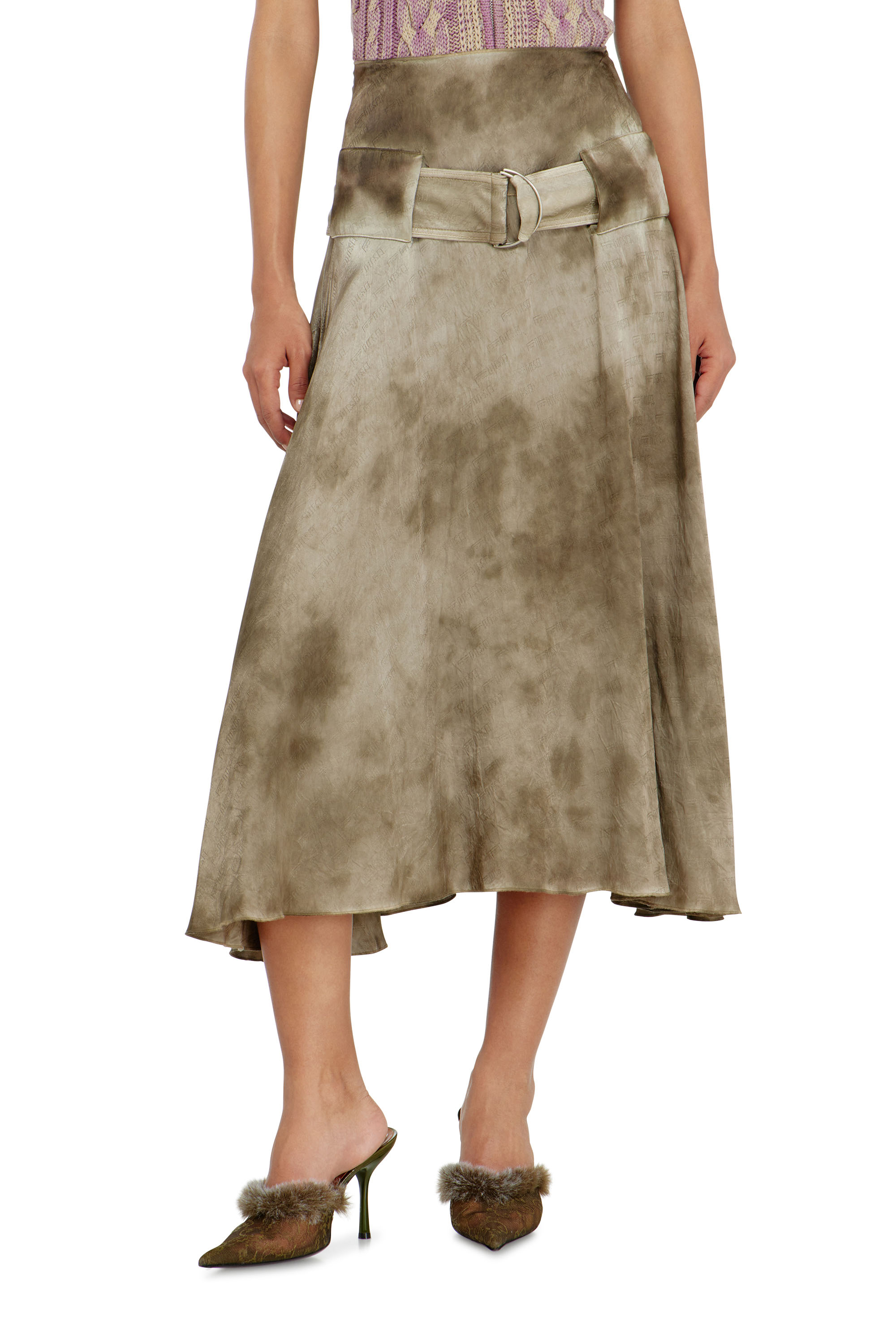Diesel - O-DYLE, Woman's Belted midi skirt in logo-jacquard satin in null - 2