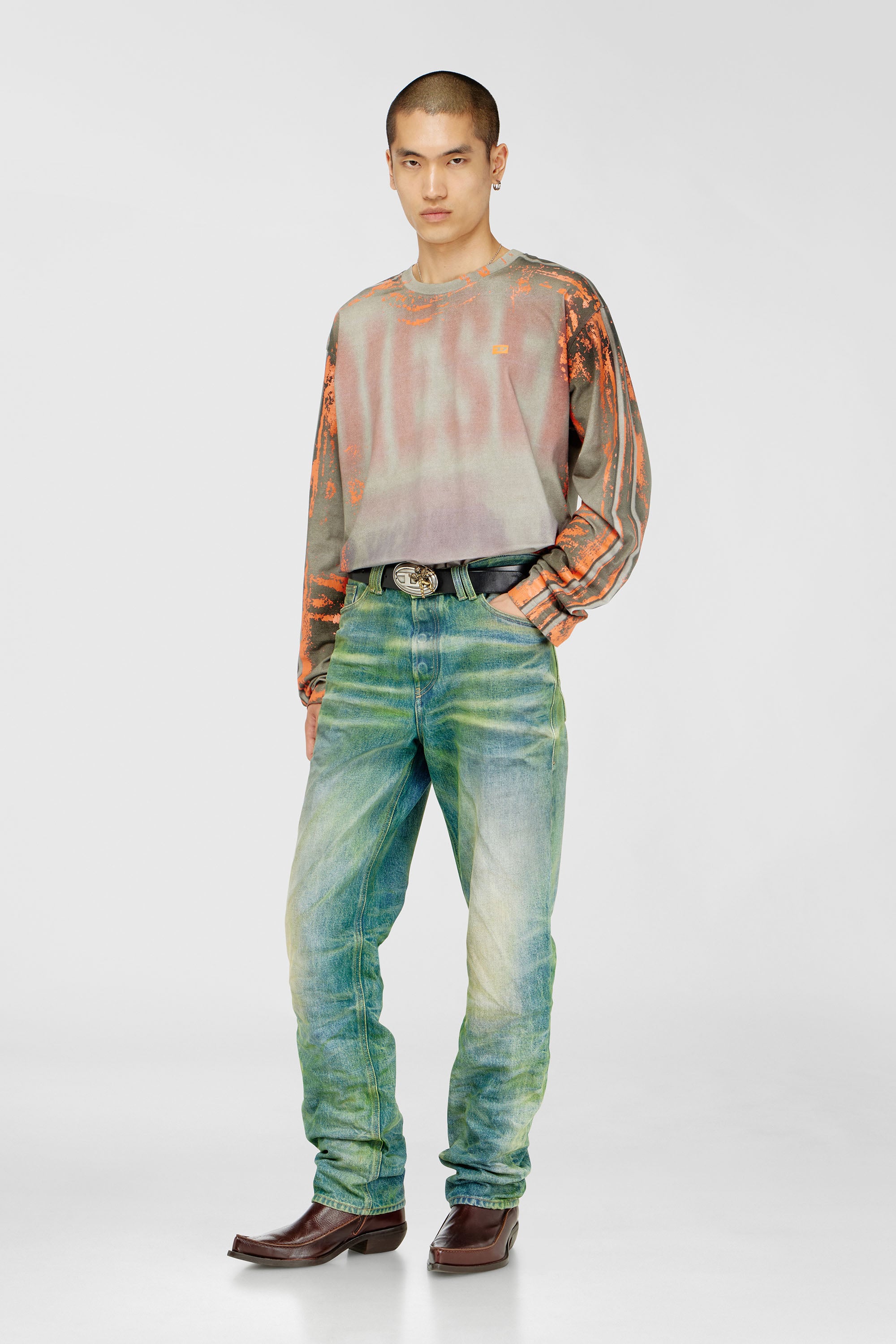 Diesel - T-FILMY, Man's Long-sleeve T-shirt in cracked jersey in Grey/Orange - 1