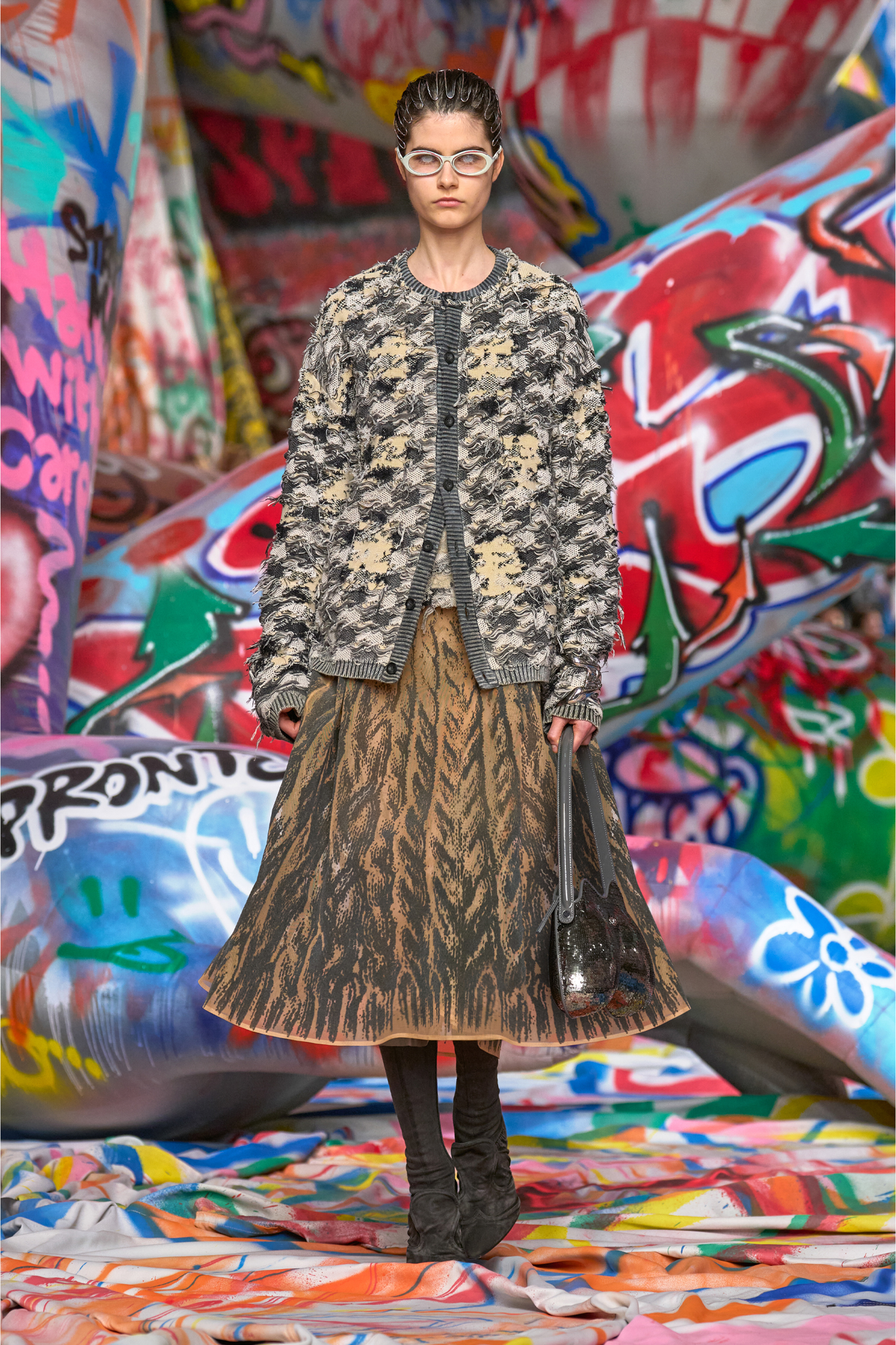 Diesel - K-VALBOR, Man's Cardigan in devoré houndstooth jacquard in Beige/Grey - 3