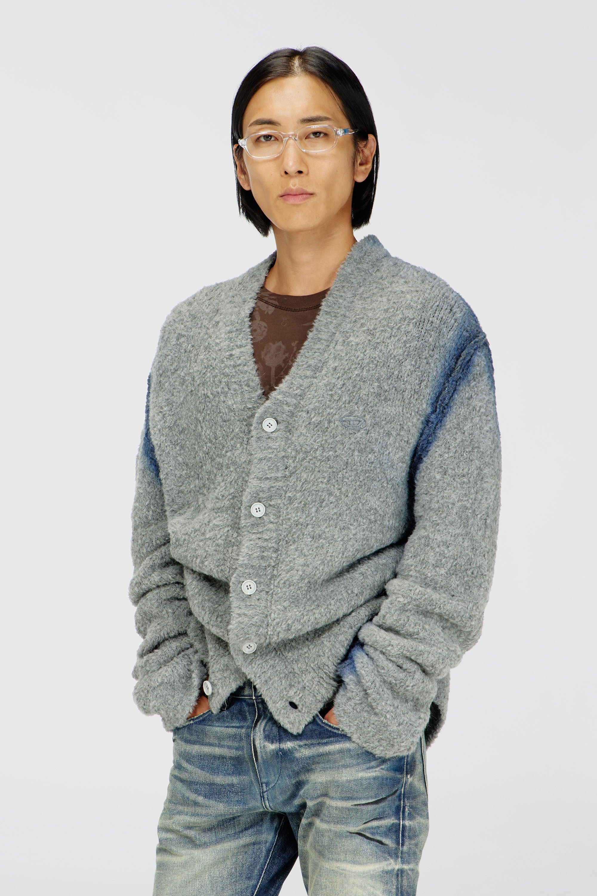 Diesel - K-REMO, Man's Alpaca-blend cardigan with spray-dyed seams in Light Grey - 1