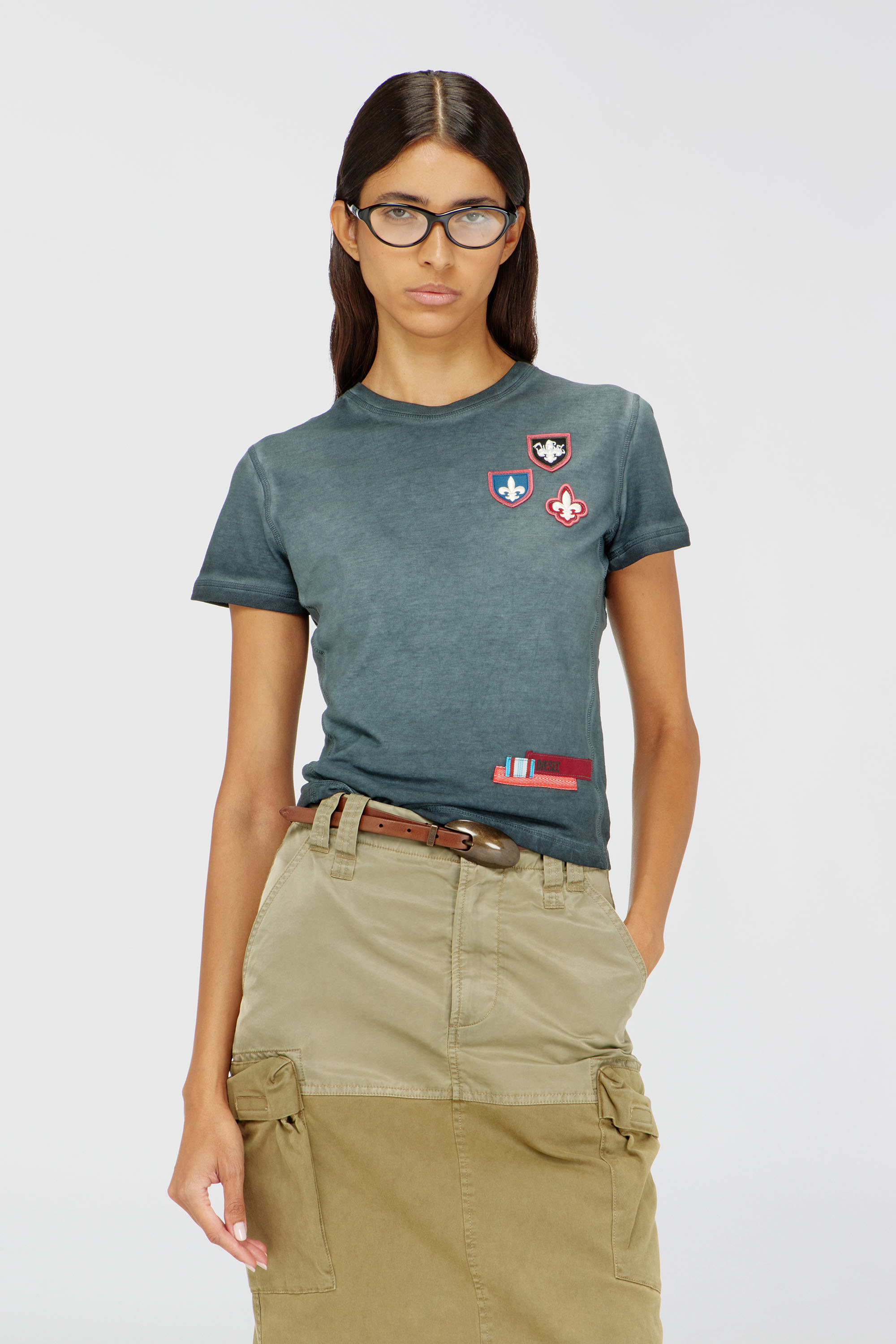 Diesel - T-UNCUTY-WAF, Woman's T-shirt with patches and microwaffle sides in Dark Green - 3
