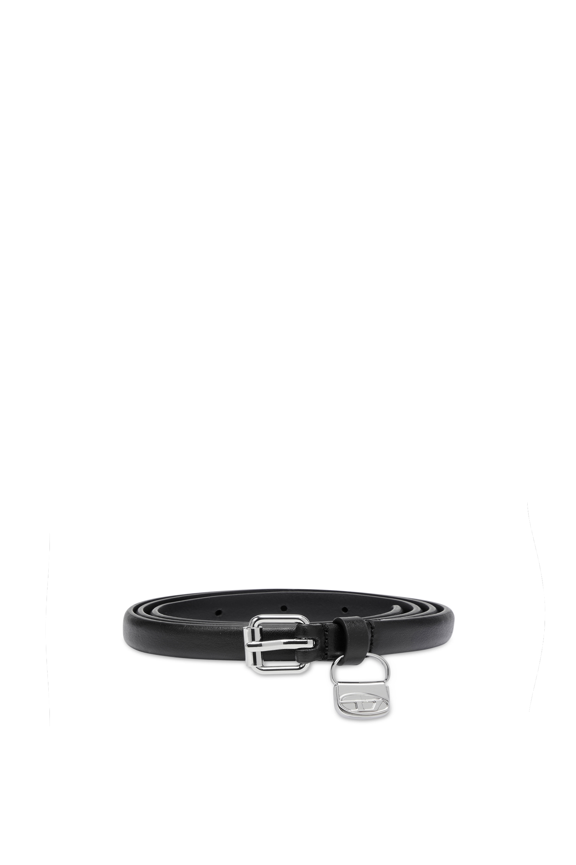 Diesel - B-CHARM HIP, Woman's 1.4cm slim leather belt with 1DR bag charm in Black - 1