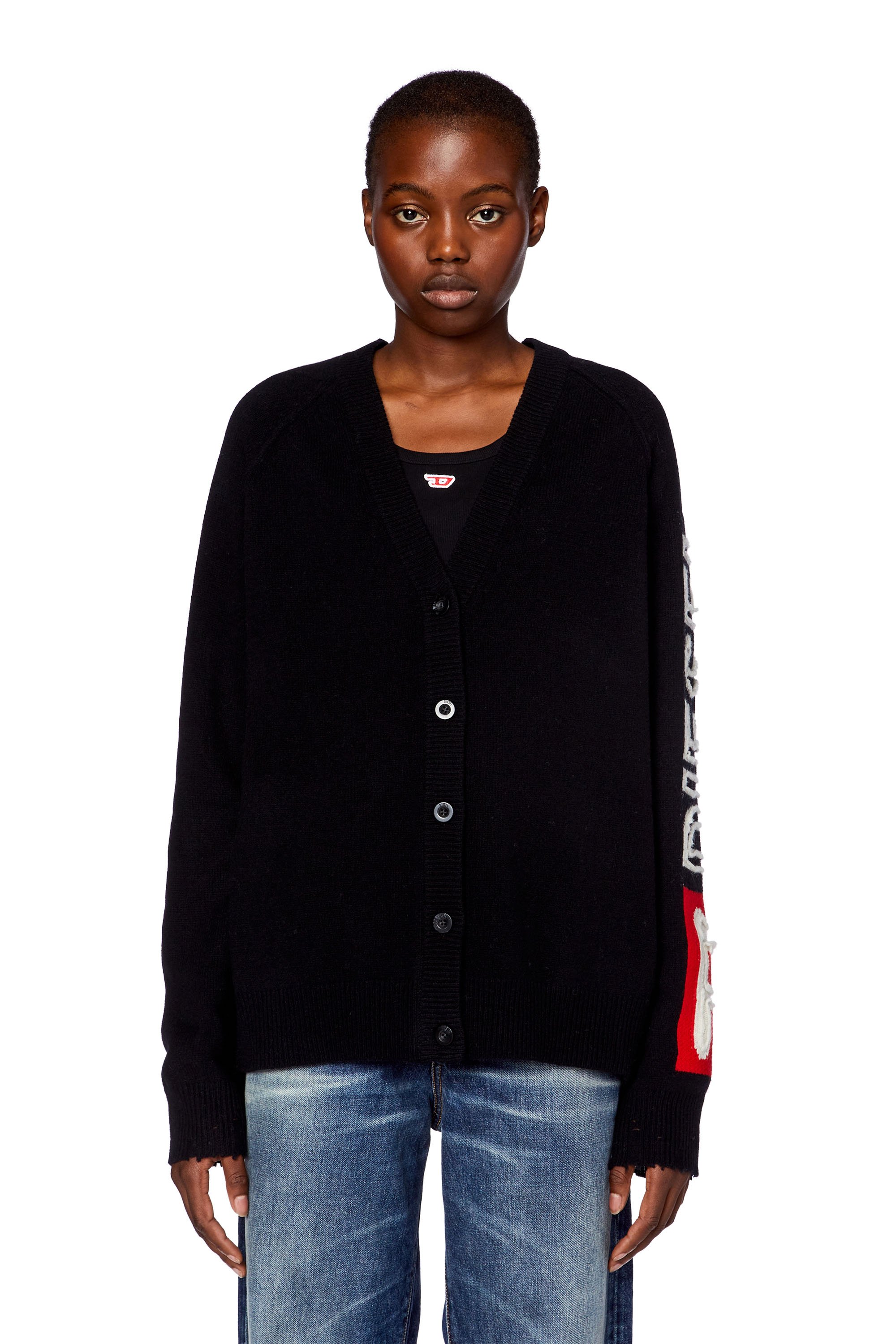 Diesel - M-SARRI, Woman's Cardigan in wool with cut-up logo in Black - 6