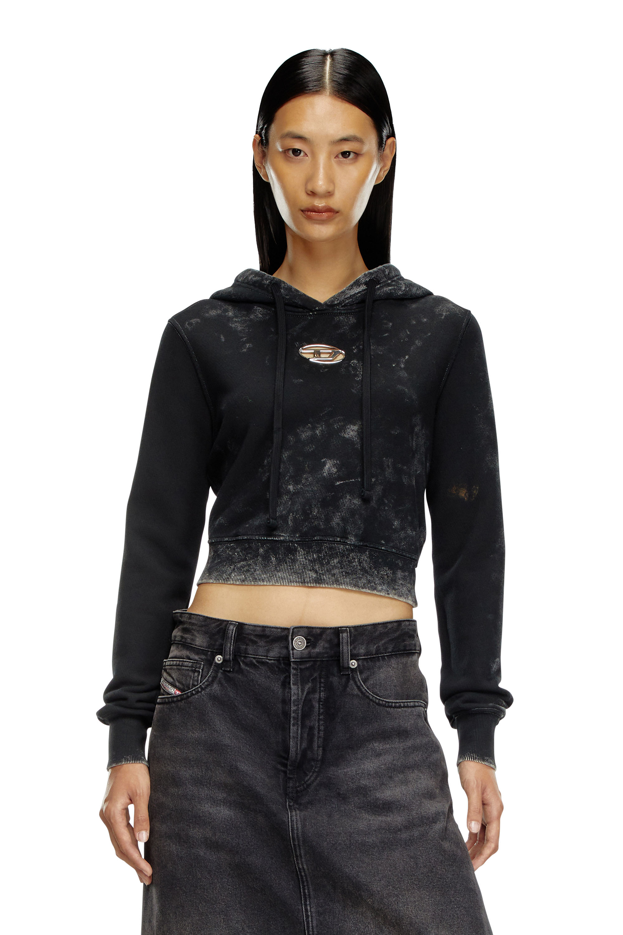 Diesel - F-SLIMMY-HOOD-P5, Woman Faded cut-out hoodie with metal logo in Black - Image 1