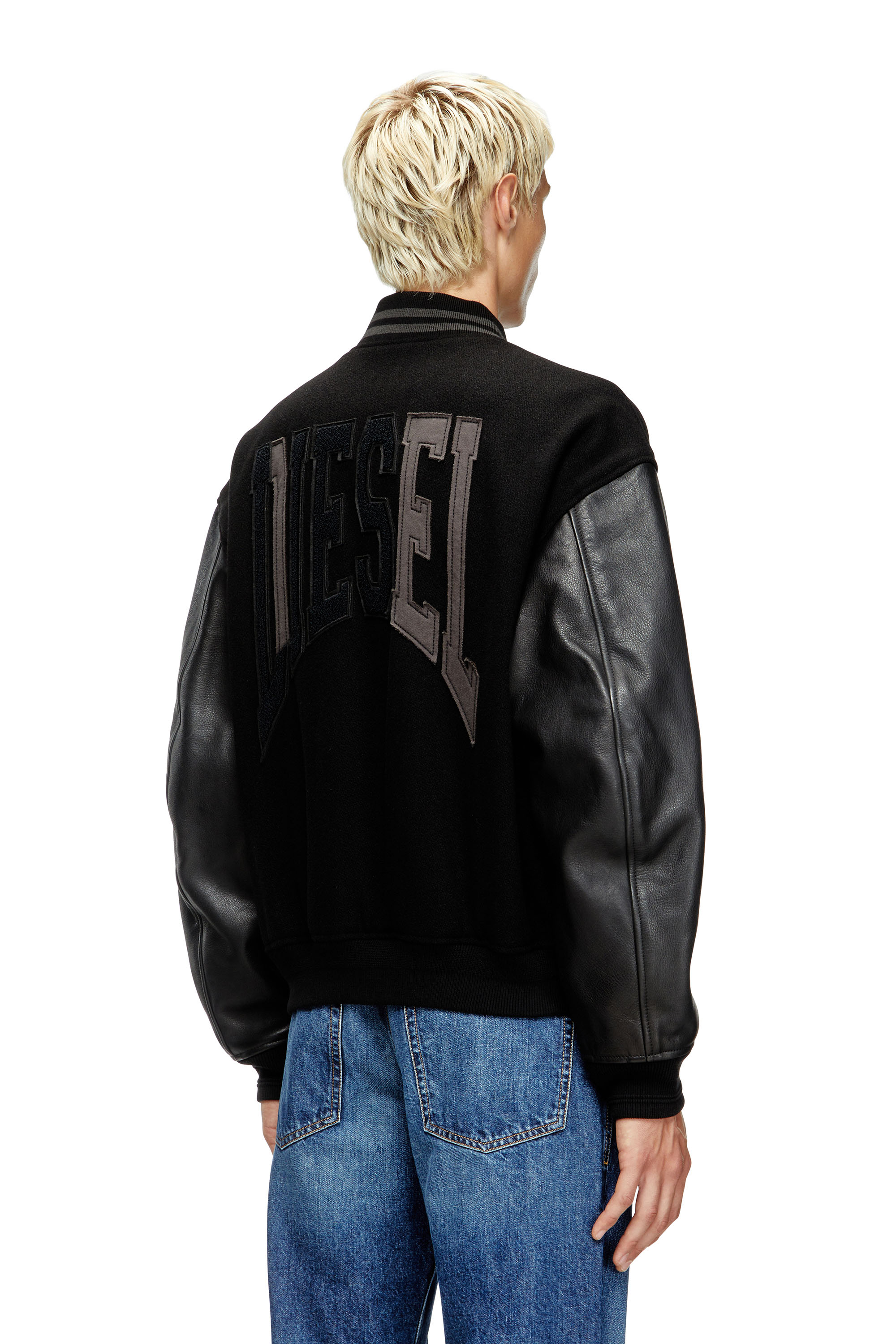 Diesel - L-NYMAN, Man's Varsity bomber jacket in cotton and leather in Black - 4