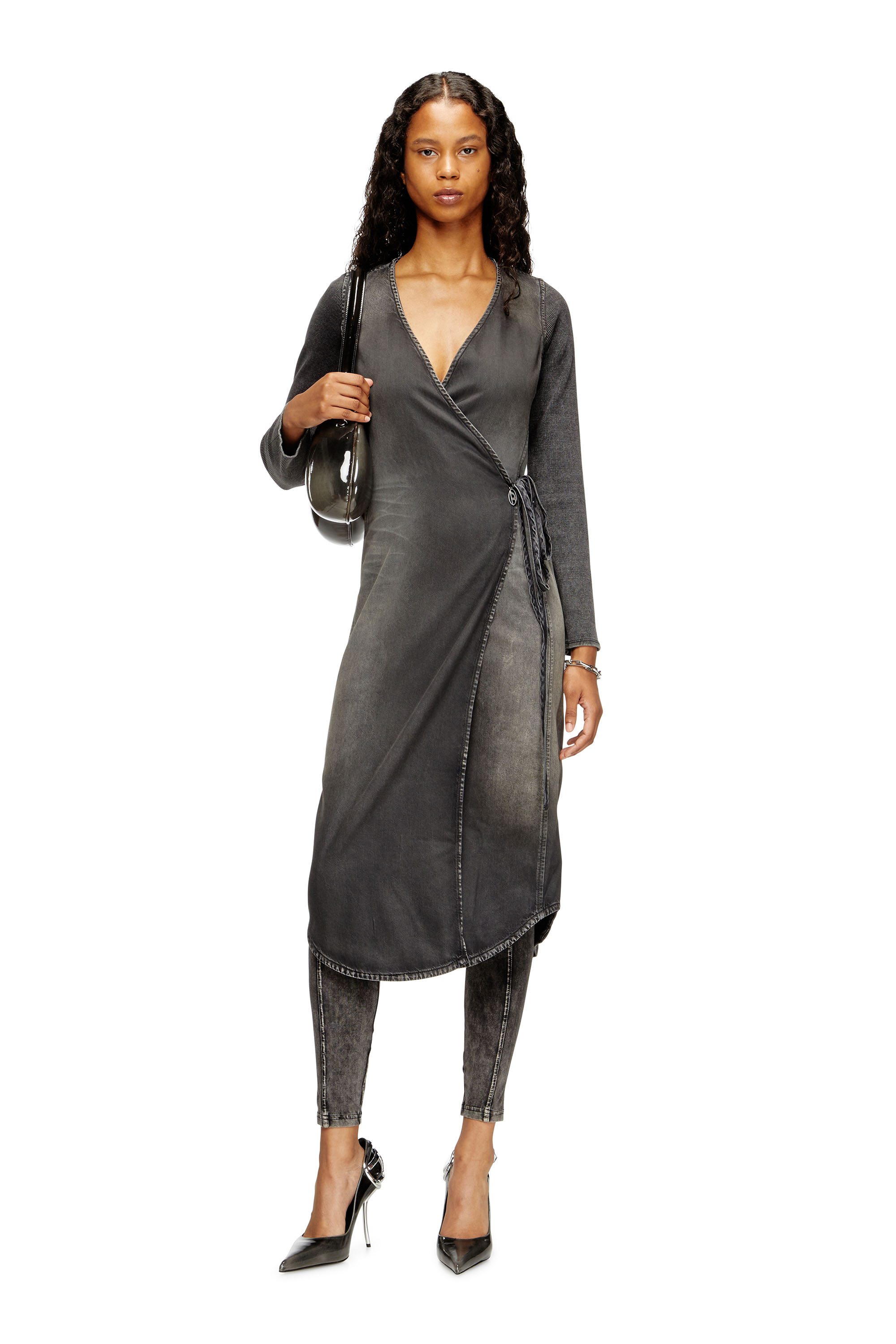 Diesel - DE-OLA-S, Woman's Mid-length denim dress with a V-neck in Black/Dark grey - 1