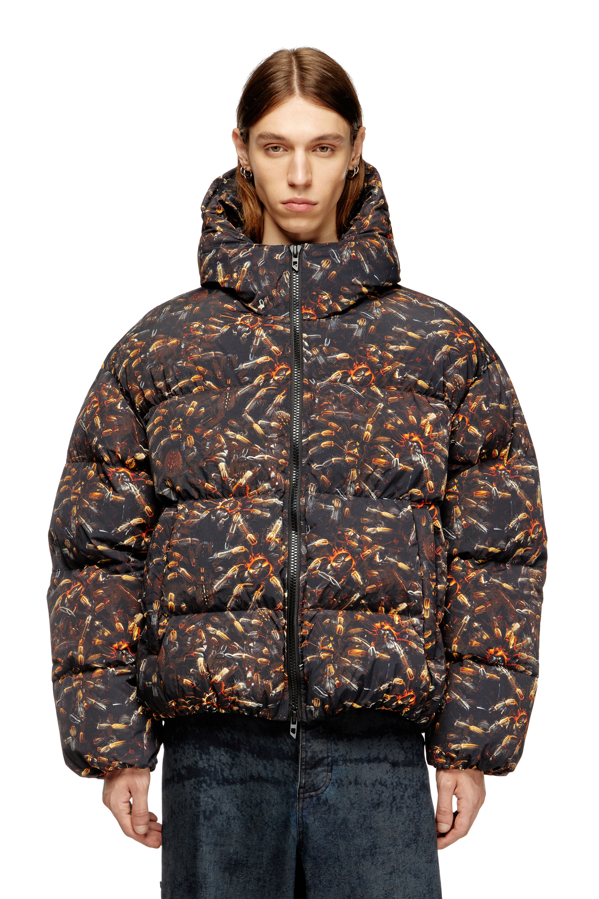 Diesel - W-SPIDER, Man's Hooded puffer jacket with spider print in Black/Brown - 1