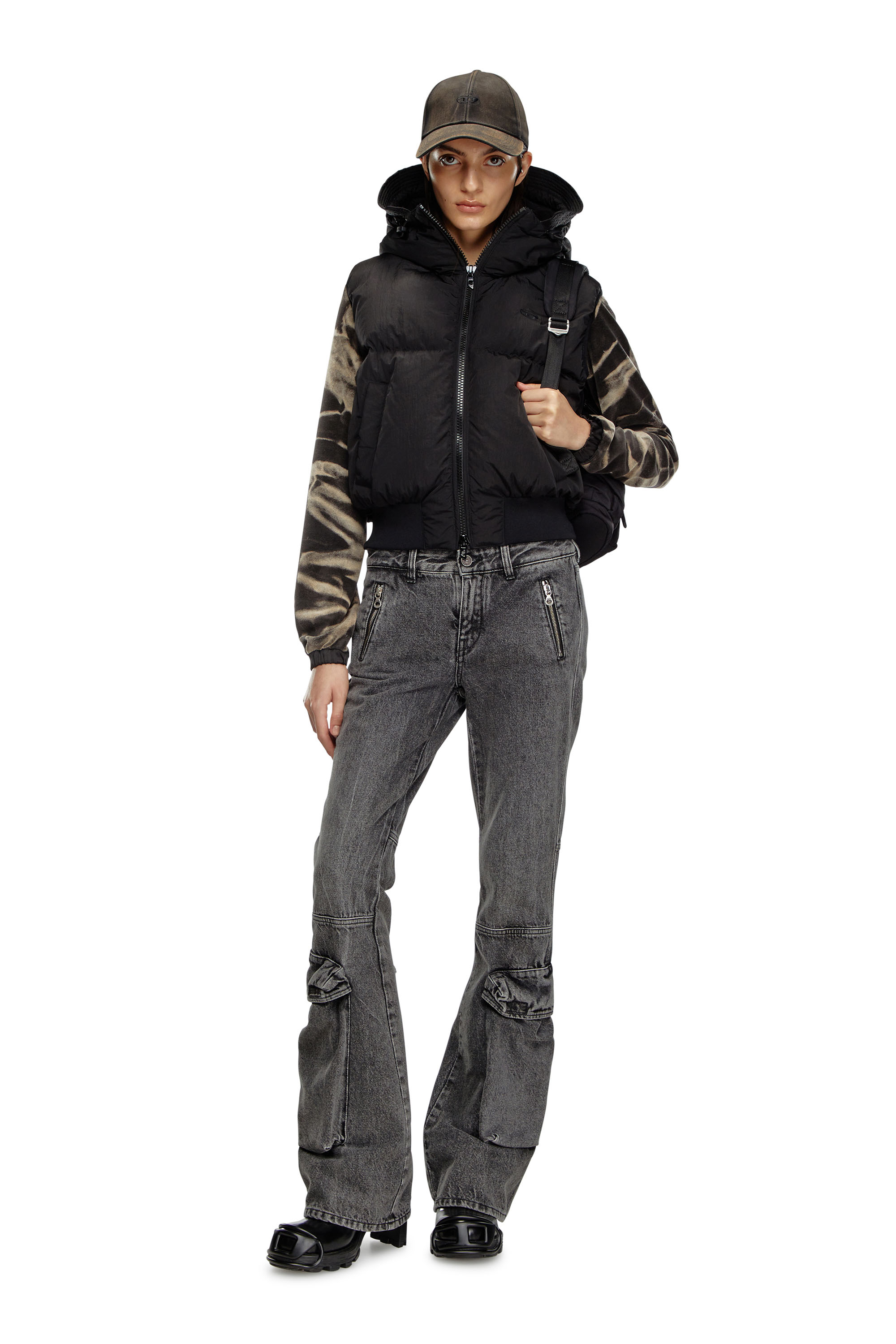 W-PEYT-SSL-NEW-P1, Black Diesel - W-PEYT-SSL-NEW-P1, Woman's Hooded down vest in crinkled nylon in Black - 1
