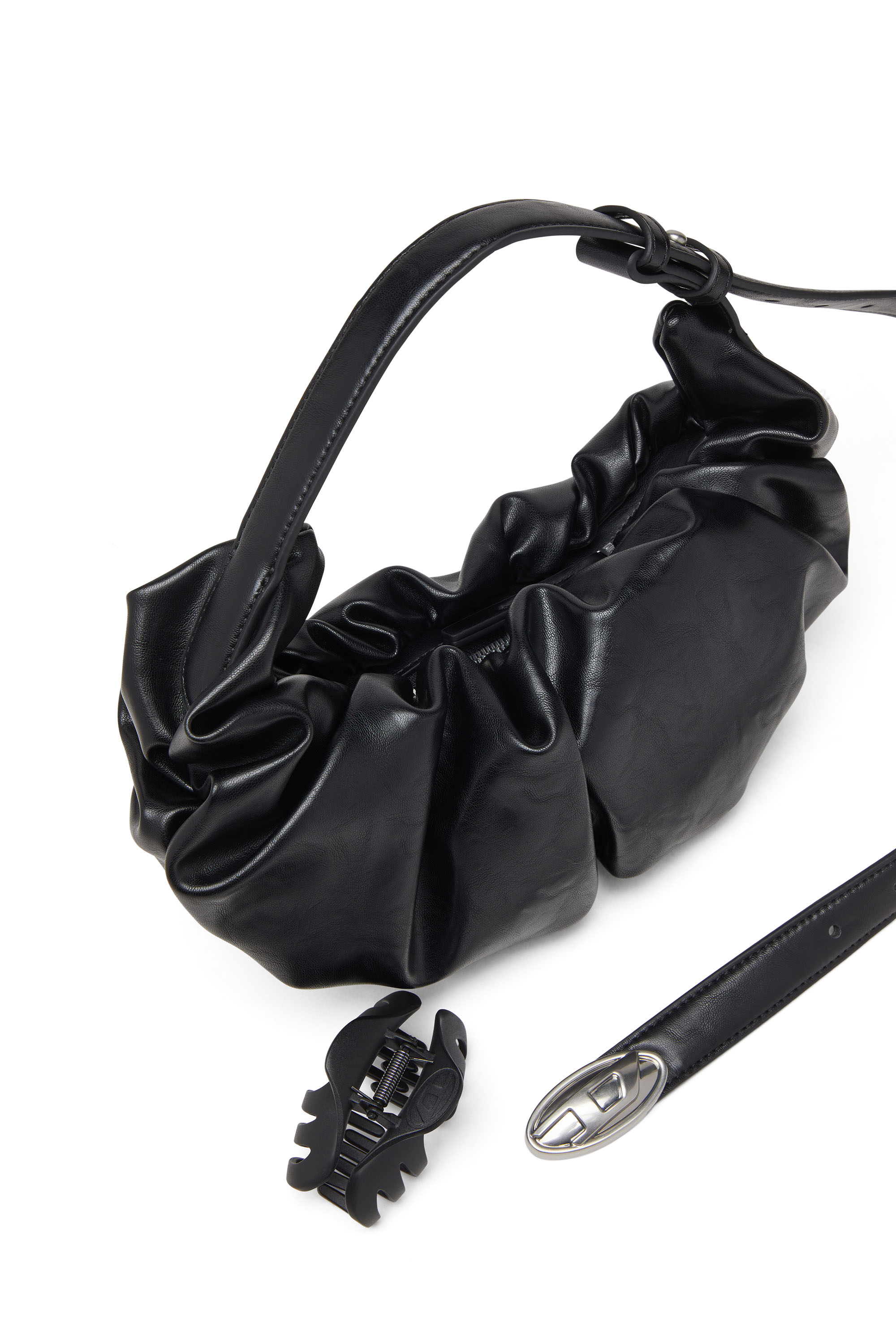 Diesel - GRAB-D HOBO S, Woman's Grab-D S-Small scrunched hobo bag in shiny PU in Black - 5