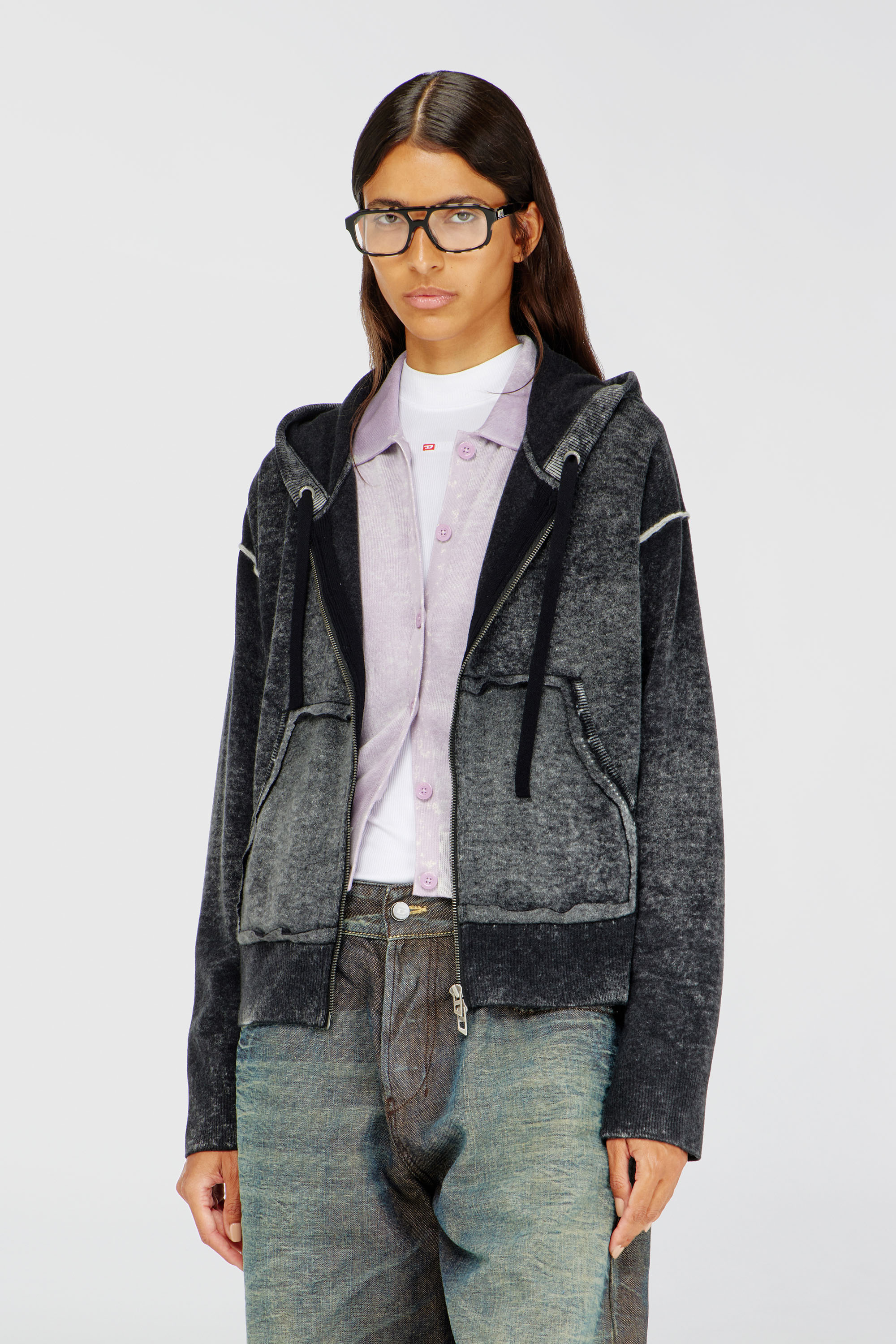 Diesel - M-HERMINE, Woman's Reverse-print hooded cardigan in wool in Black/Grey - 1
