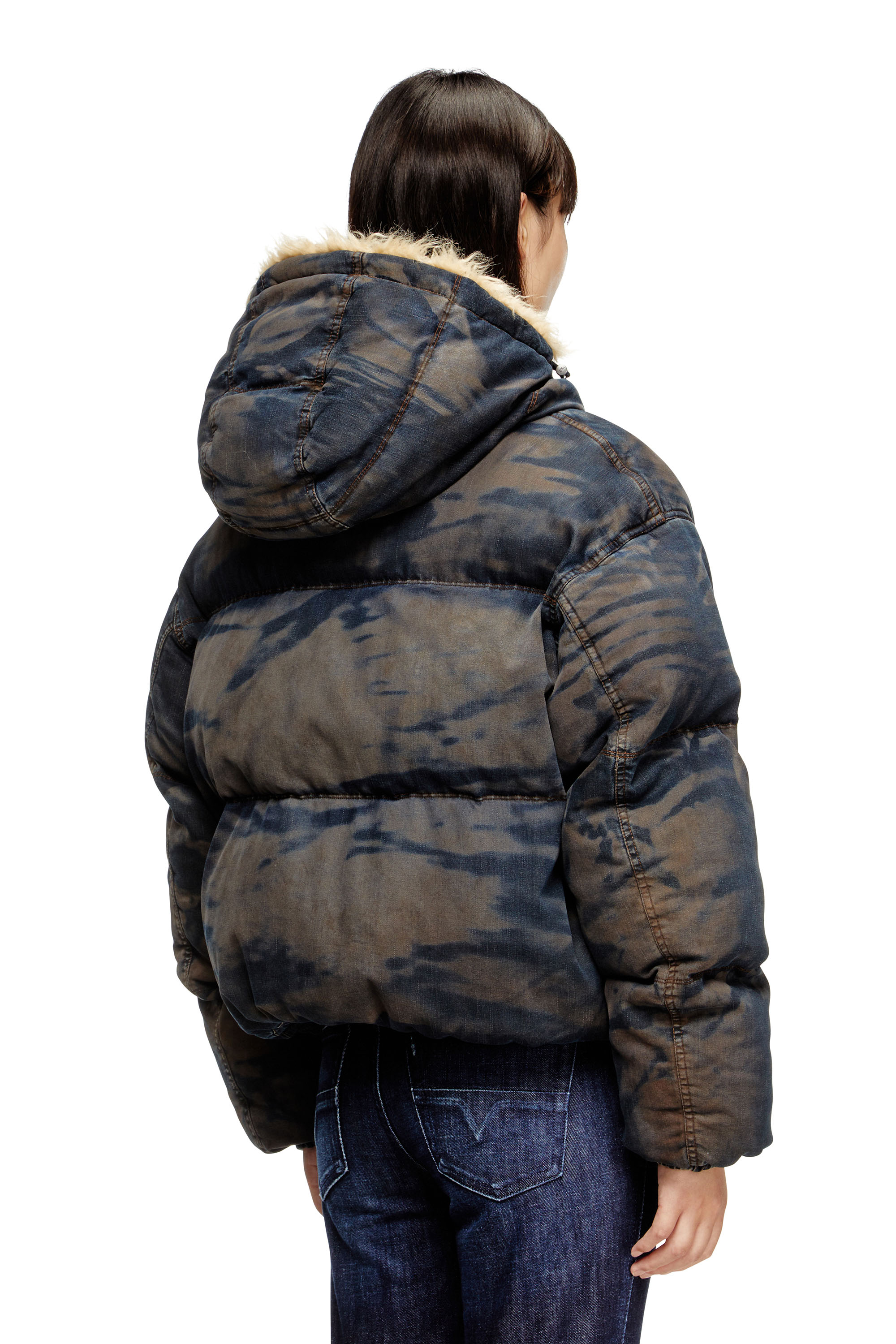 W-AVES-FUR, Black/Brown Diesel - W-AVES-FUR, Woman's Hooded puffer jacket in dirt-effect camo denim in Black/Brown - 4