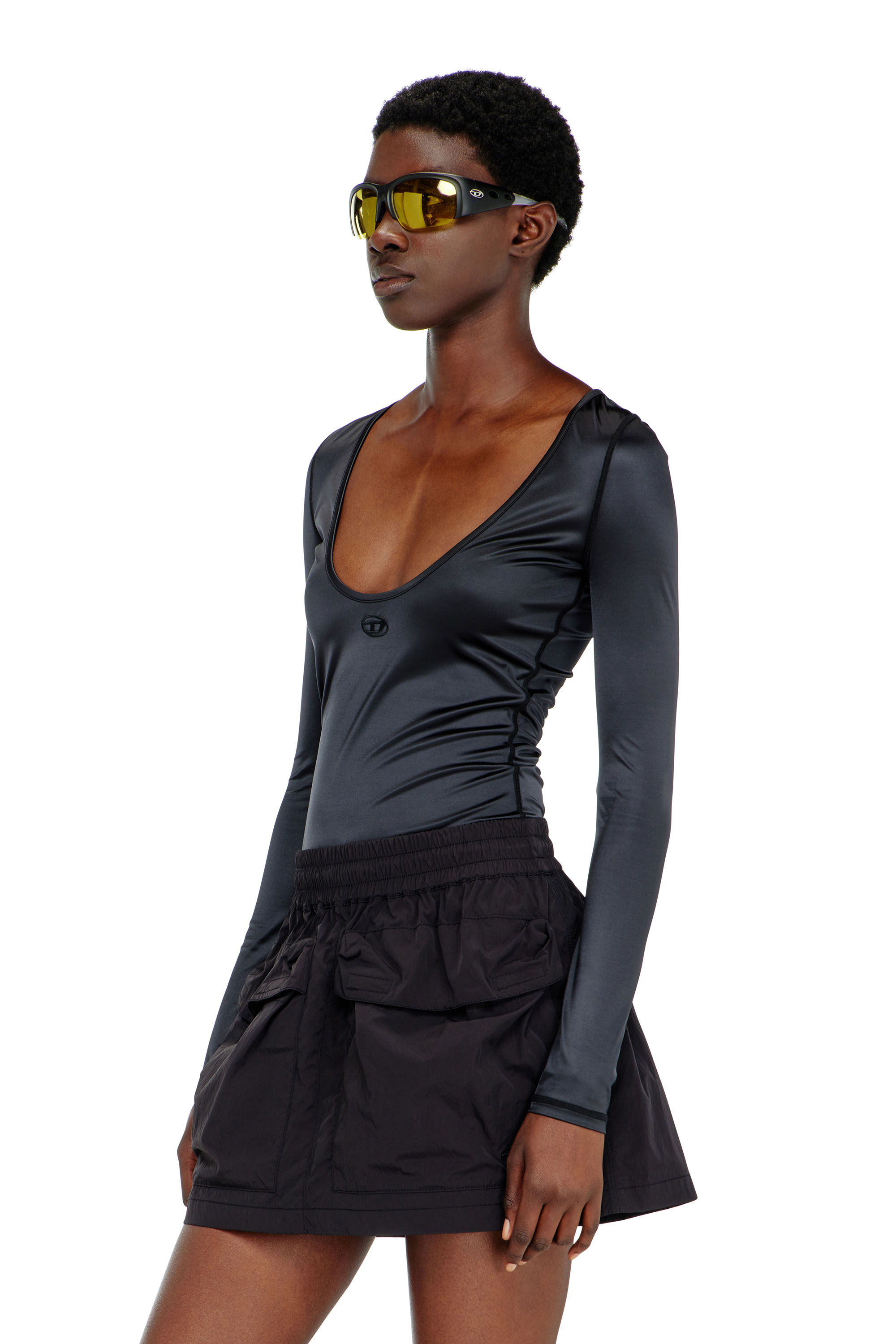 Diesel - T-ELPHIN-LS, Woman's Nylon slim top scoop neck with Logo Oval D embroidery in Black - 1