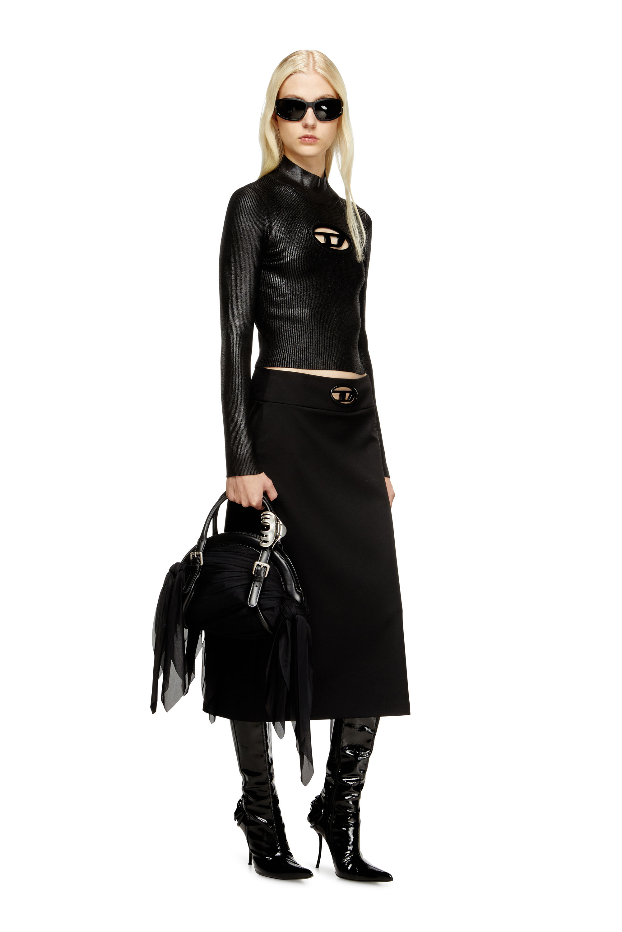 Diesel - M-VALARI-TN, Woman's Ribbed-knit turtleneck with shiny effect in Black/Silver - 2