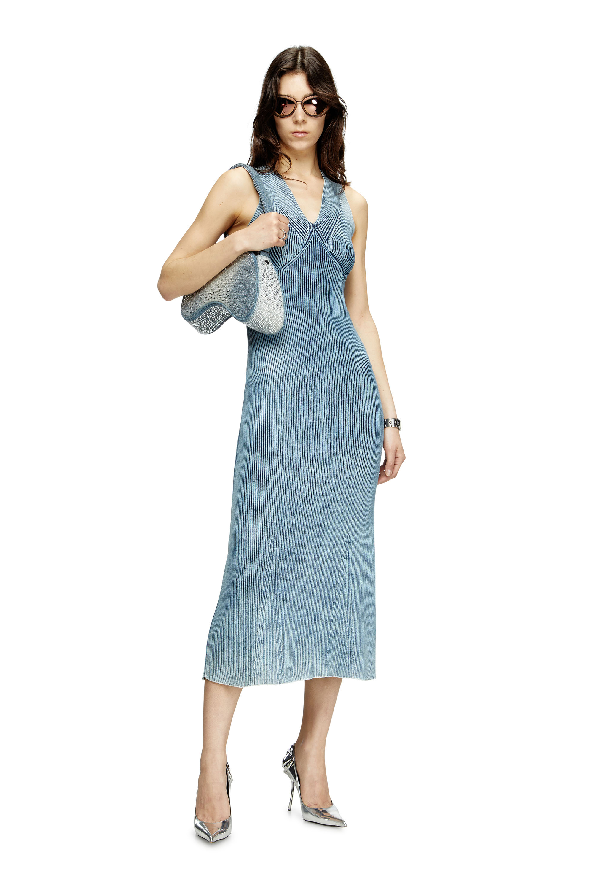M-MILONG, Light Blue Diesel - M-MILONG, Woman's Denim-yarn midi dress with shiny effect in Light Blue - 1