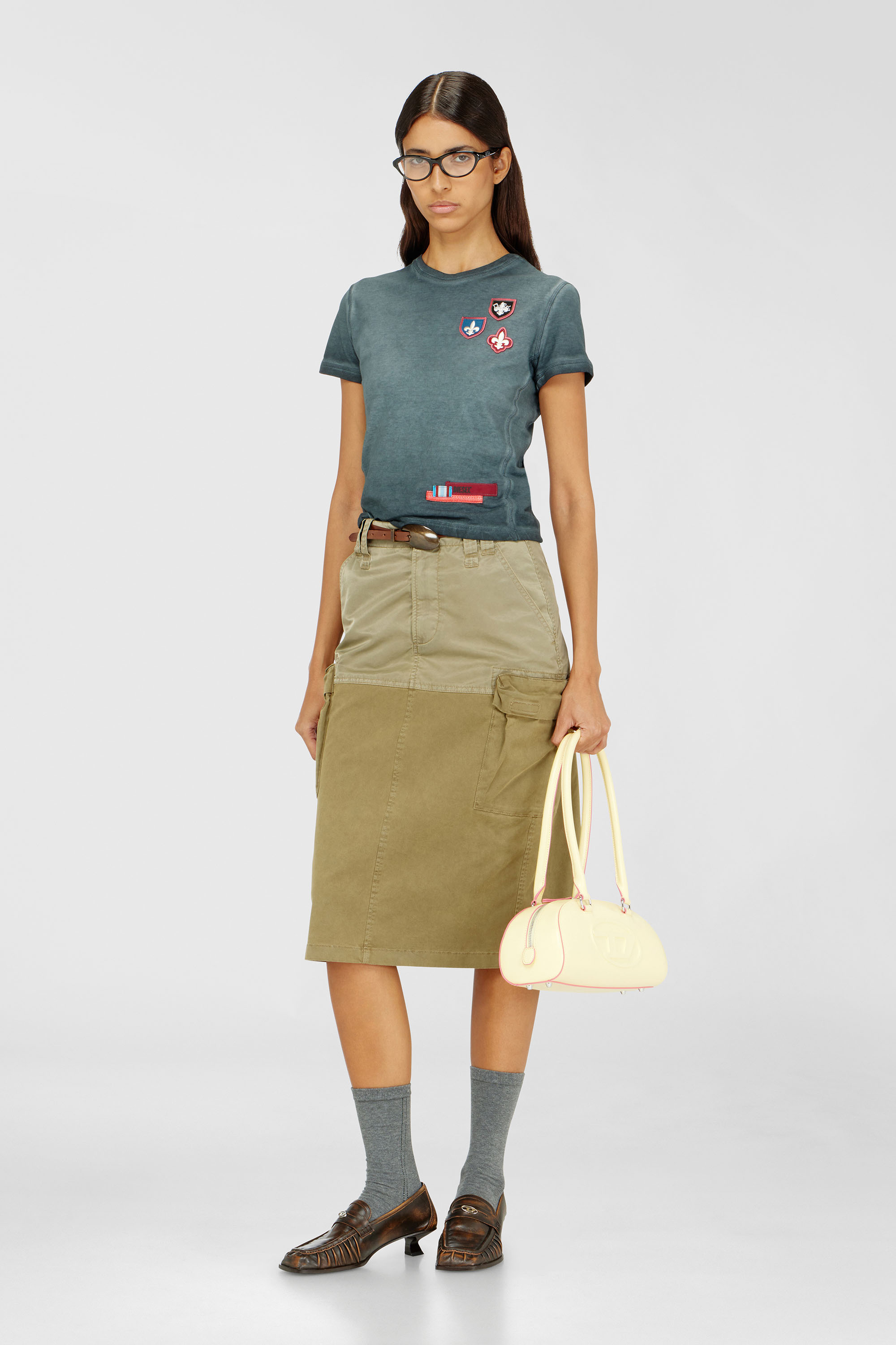 Diesel - T-UNCUTY-WAF, Woman's T-shirt with patches and microwaffle sides in Dark Green - 1