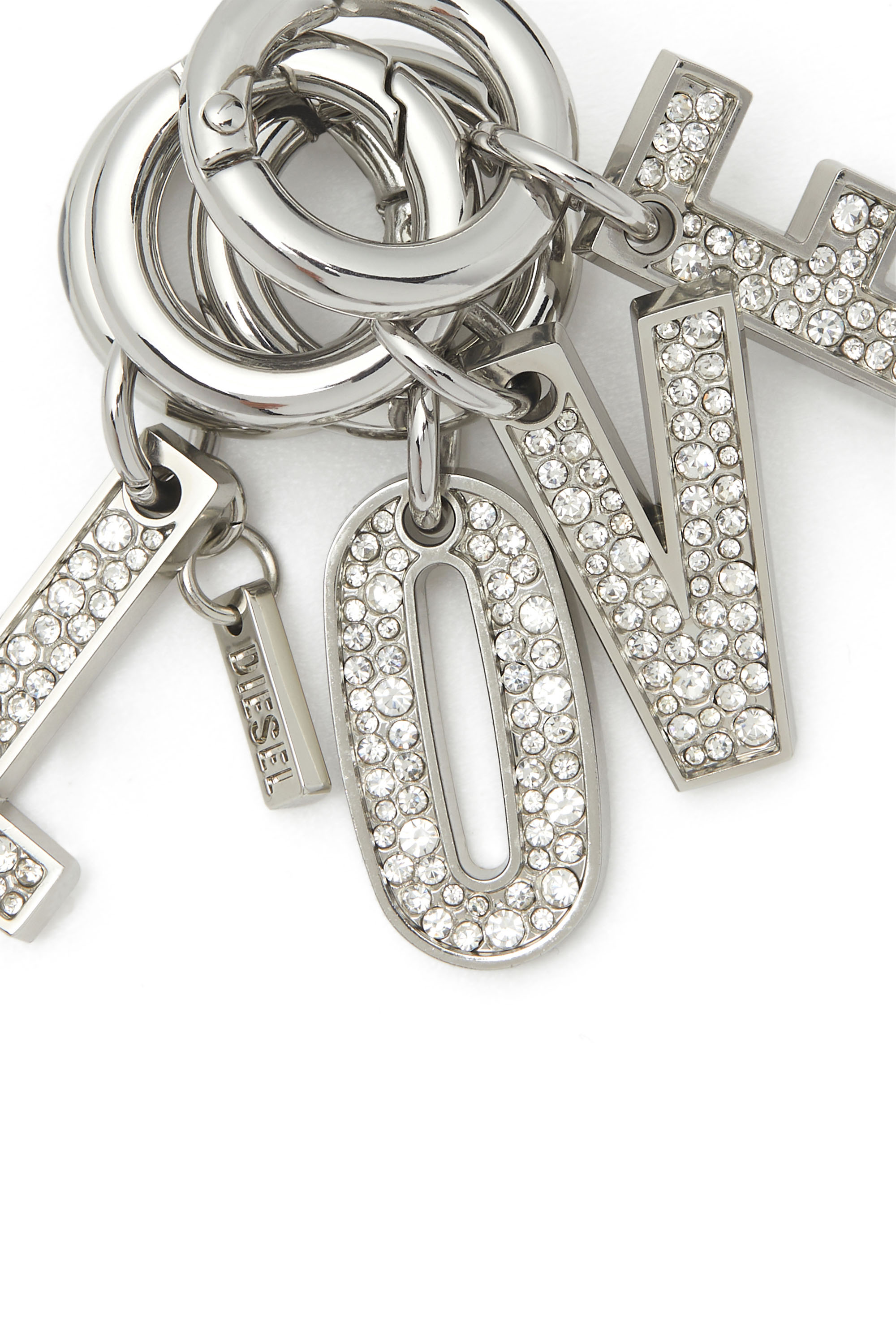 Diesel - CHARM-LOVE, Woman's Metal keyring with LOVE charms and crystal details in Silver - 2