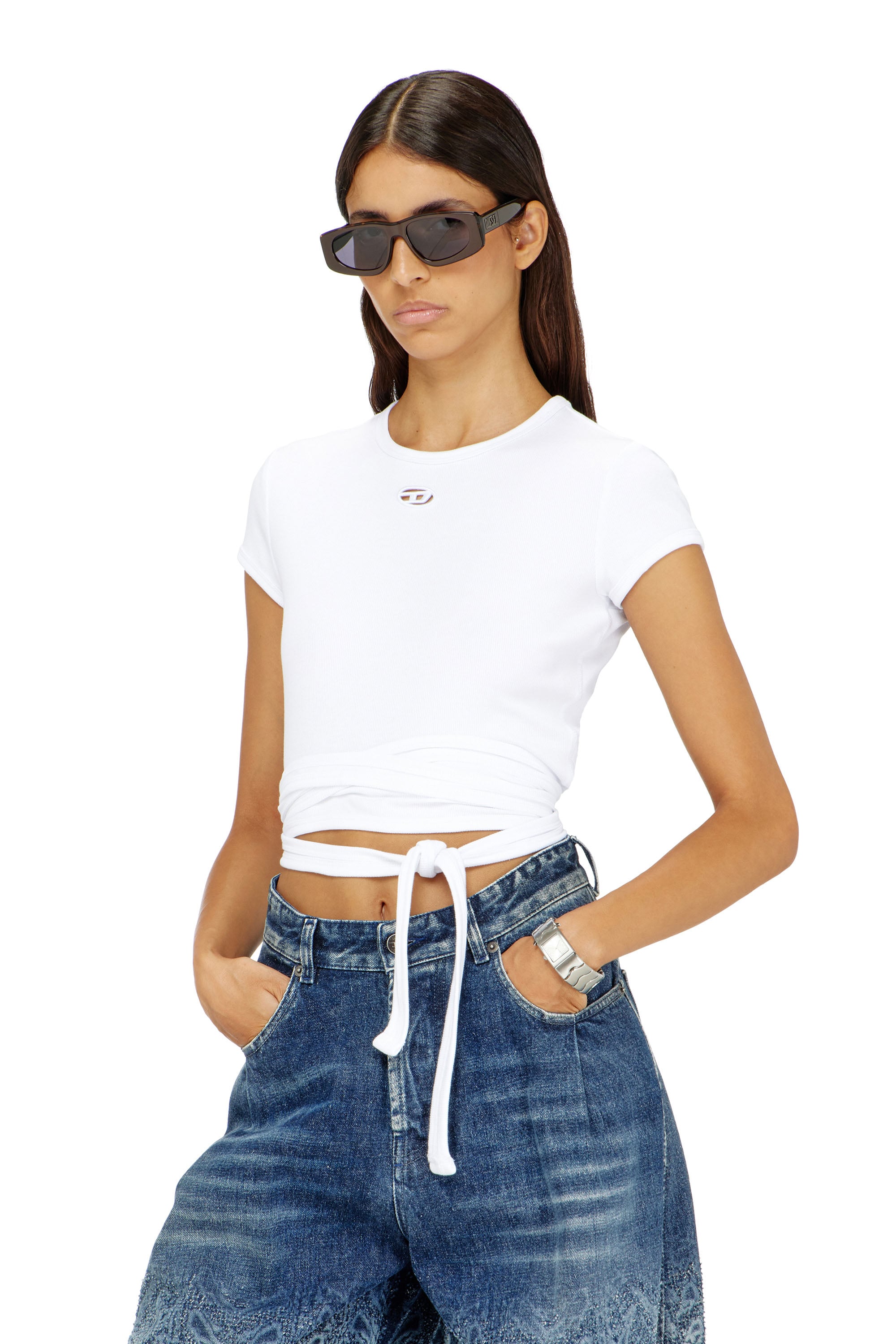 Diesel - T-BUNNY-TAIL-S1, Woman's Ribbed t-shirt with wrap-around laces in White - 1