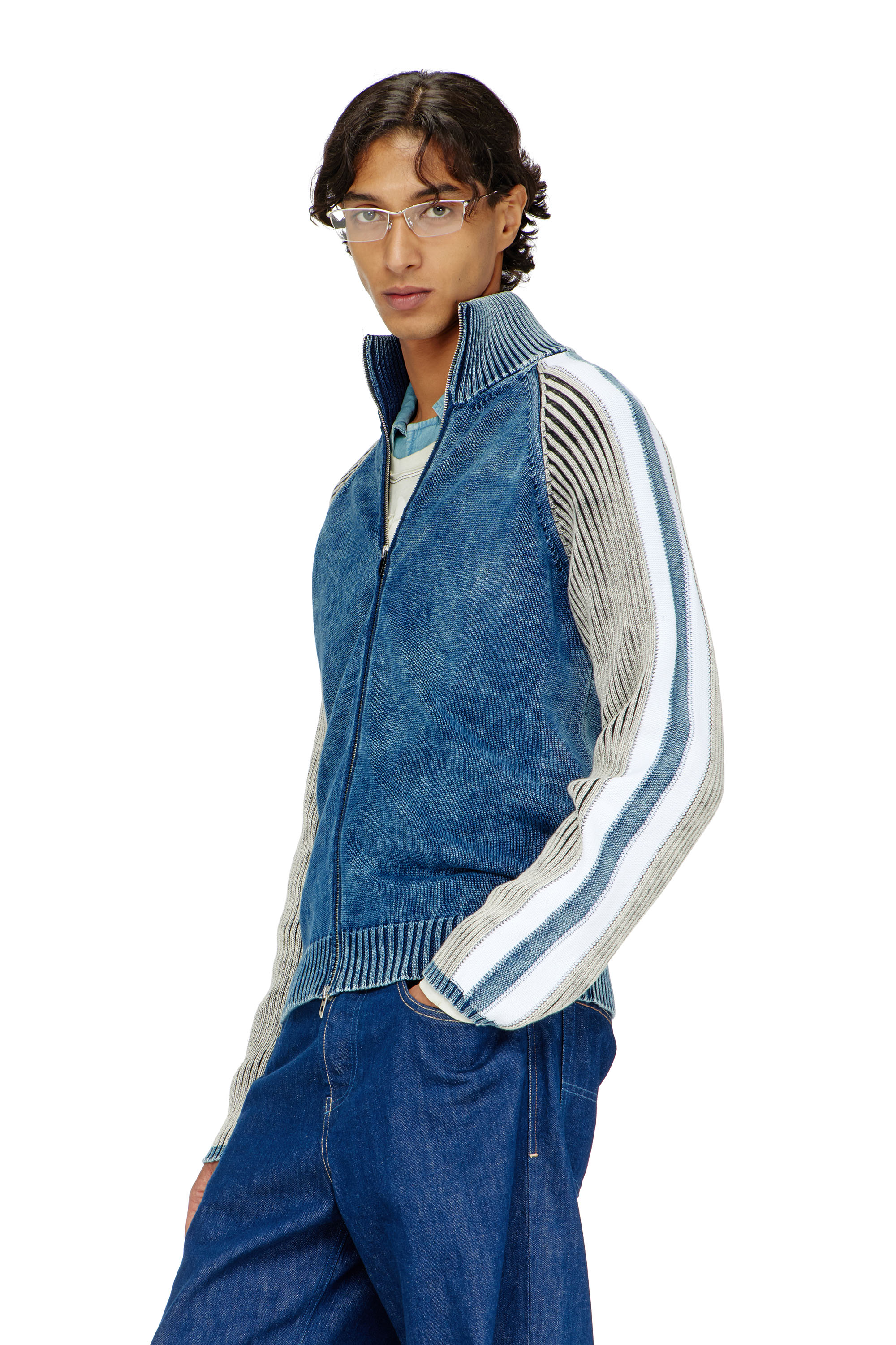 Diesel - K-HERONIMO, Man's Zip-up cardigan with sporty bands in Blue/Grey - 3